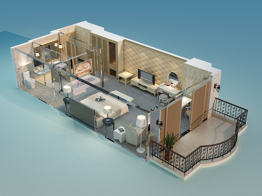 3D鸟瞰立体布置图 小度假公寓案例-1