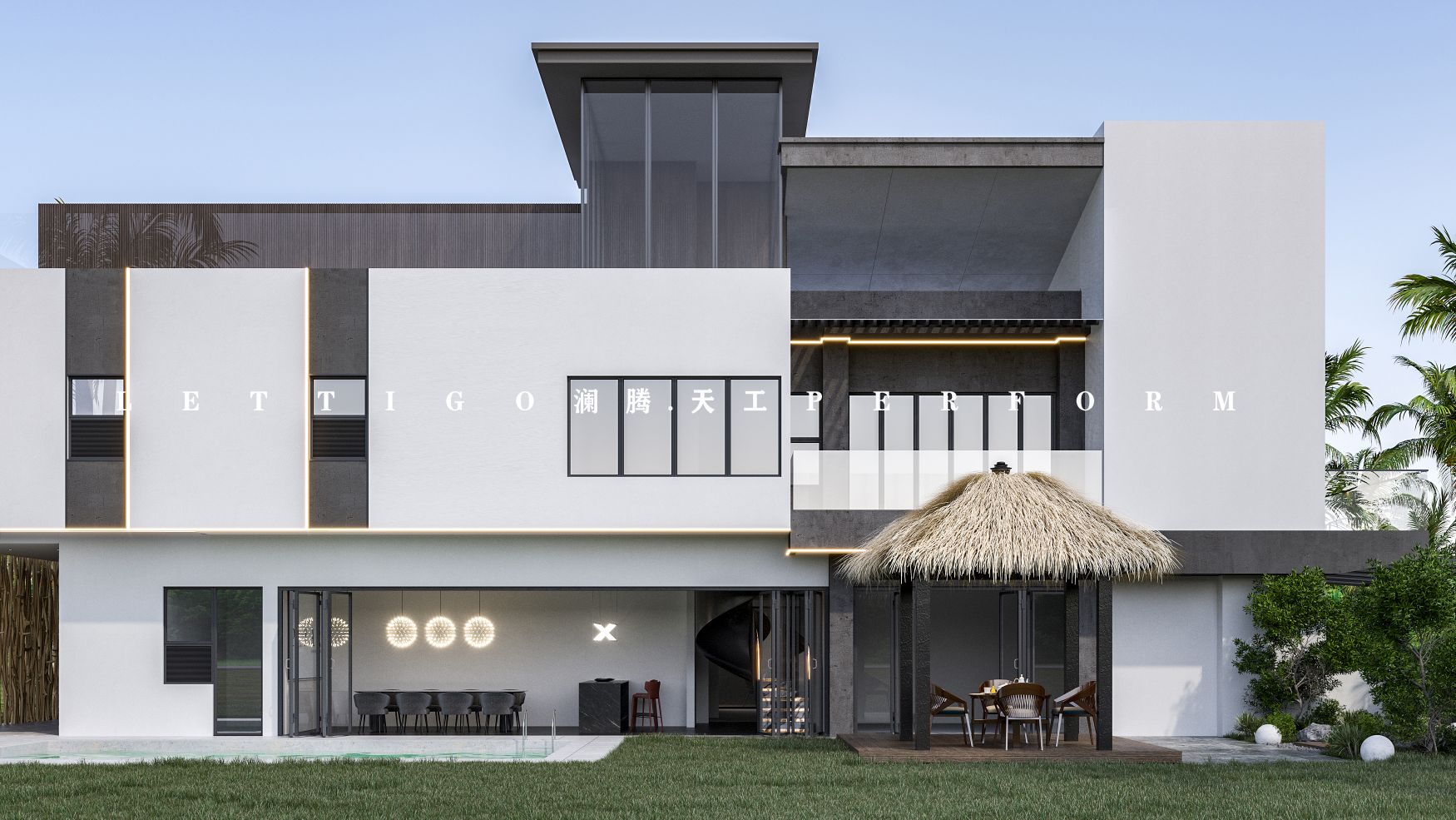 现代泳池别墅外观+庭院花园-0