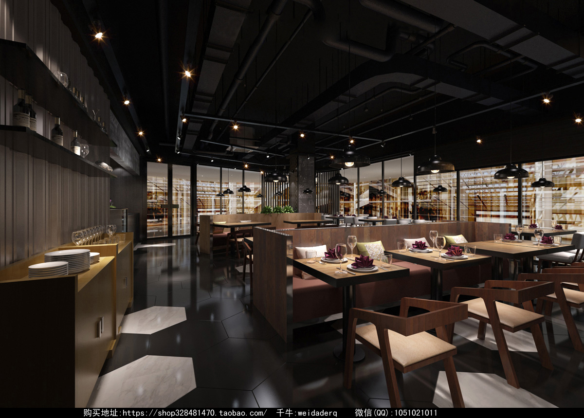 餐厅设计效果图中餐厅餐厅包间包房小吃店面馆工业主题餐厅-3-26