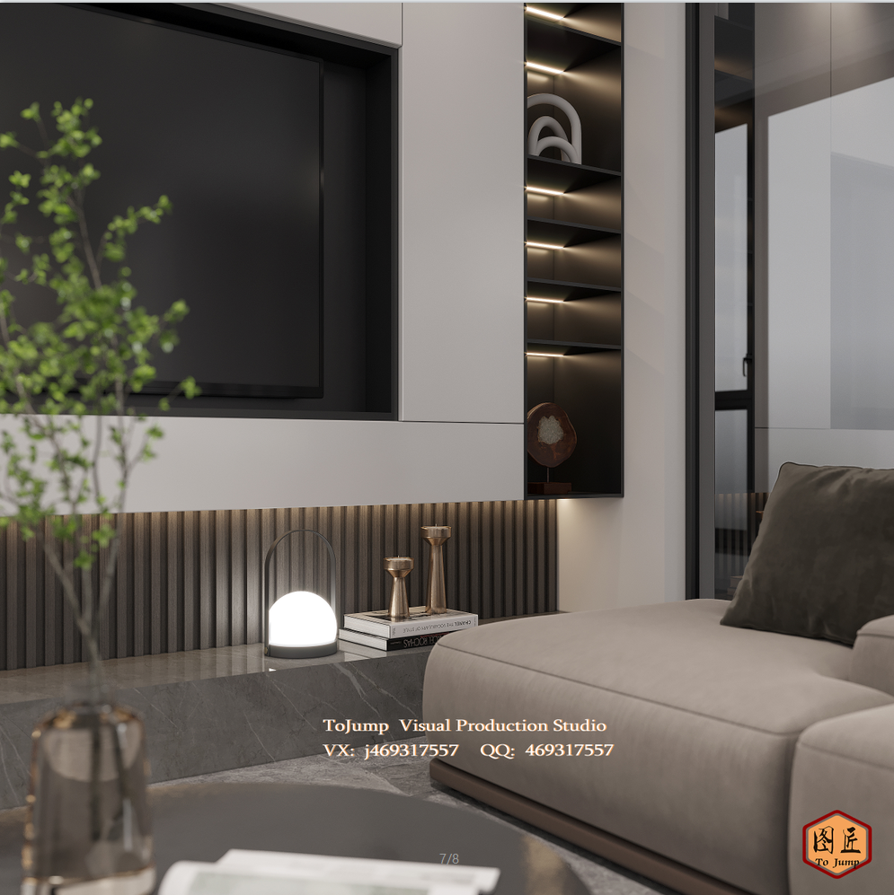 现代极简客餐厅黑白灰实效效果图-4
