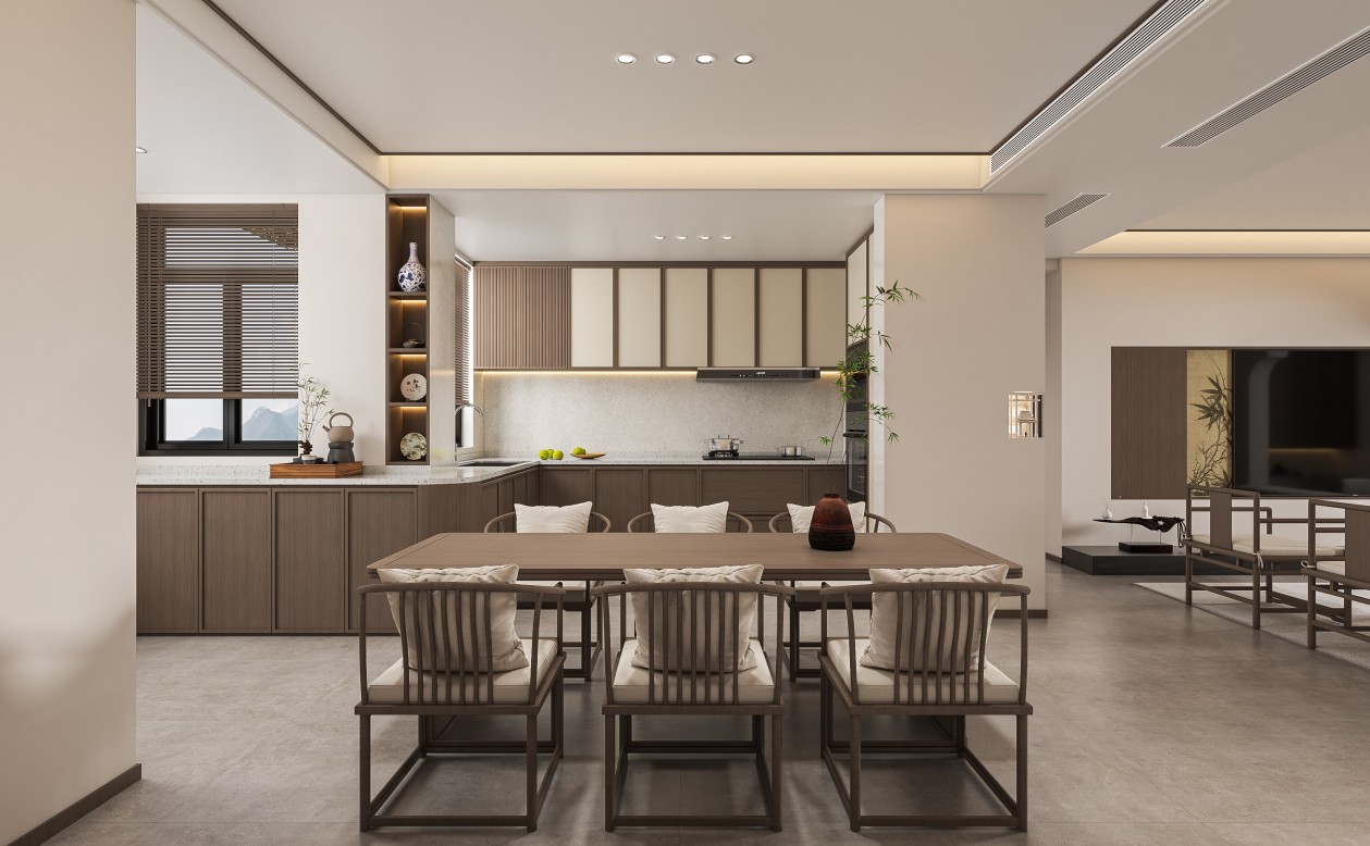 禅意新中式客餐厅效果图表现-3
