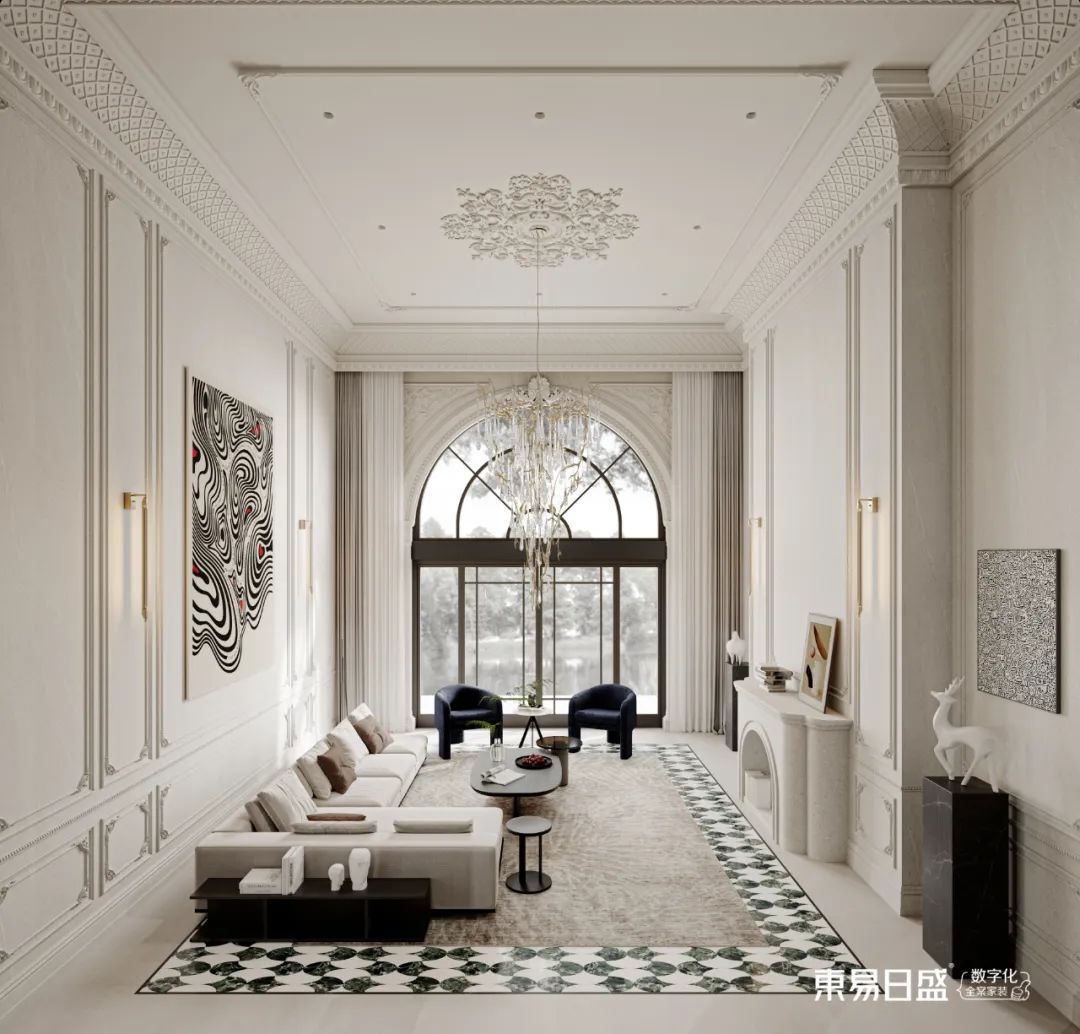 杭州装修|1000m²现代法式风别墅，挑空客厅简直美出天际-17