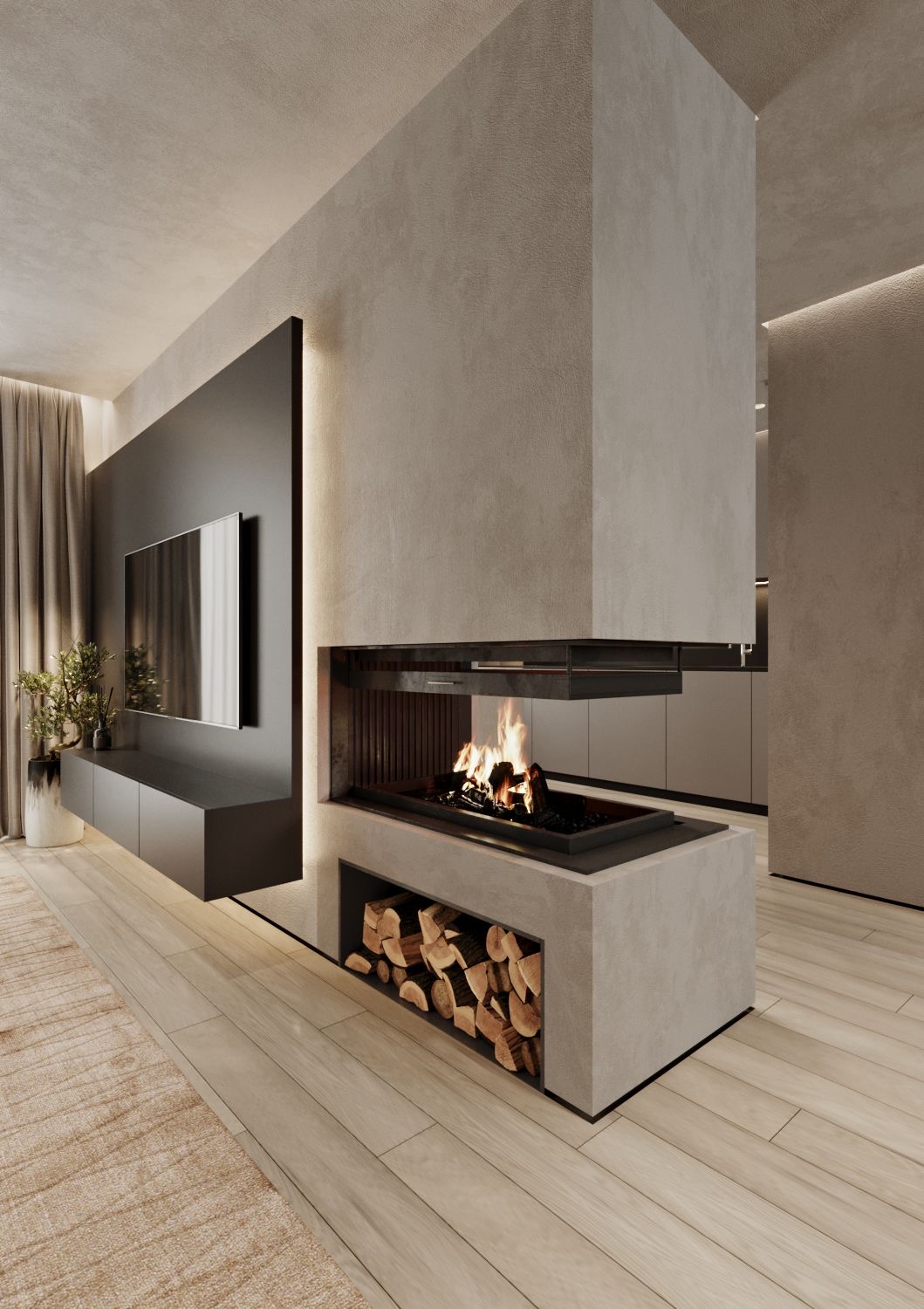 Living room, design interior, fireplace-5