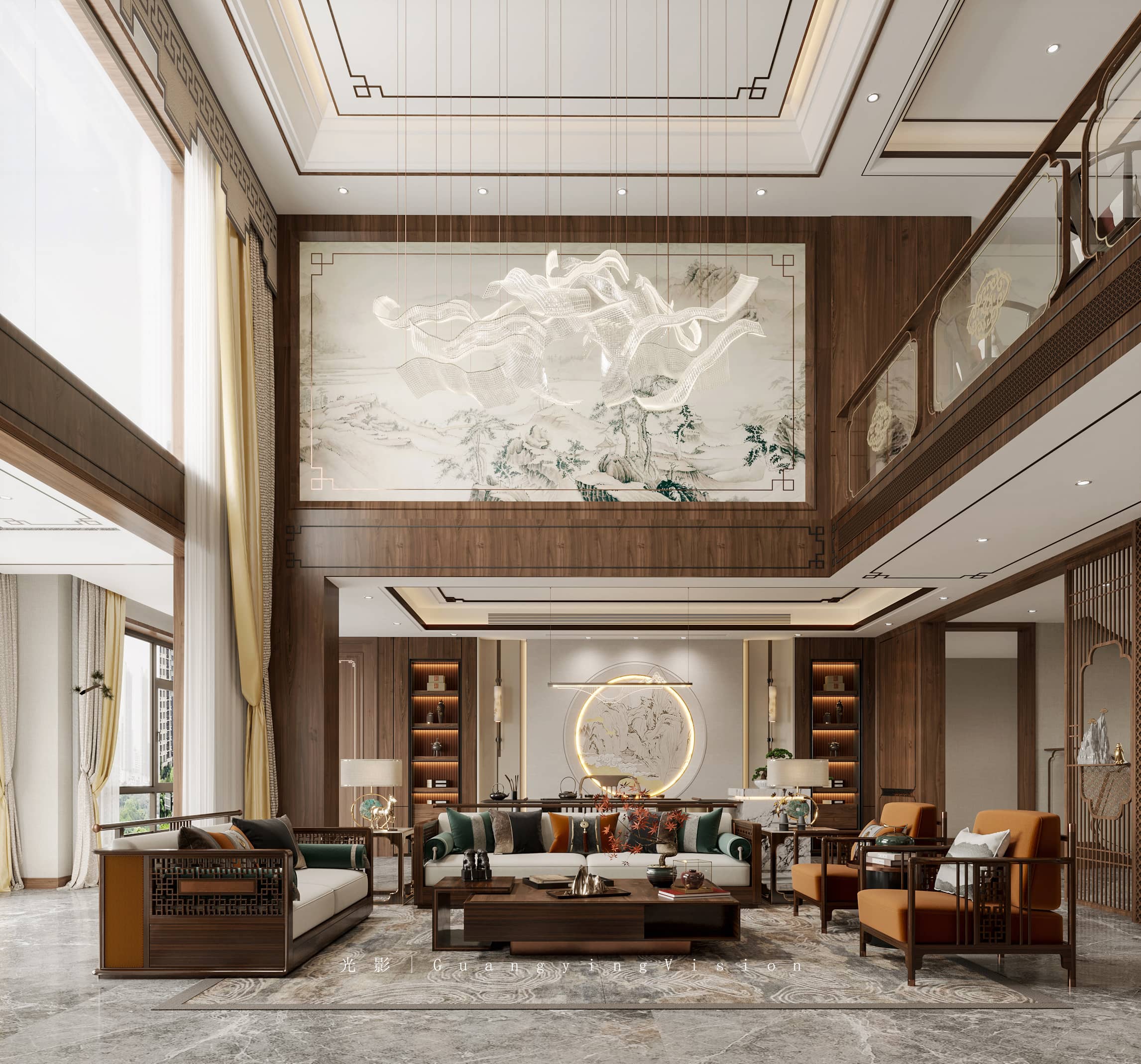 新中式别墅效果图-8