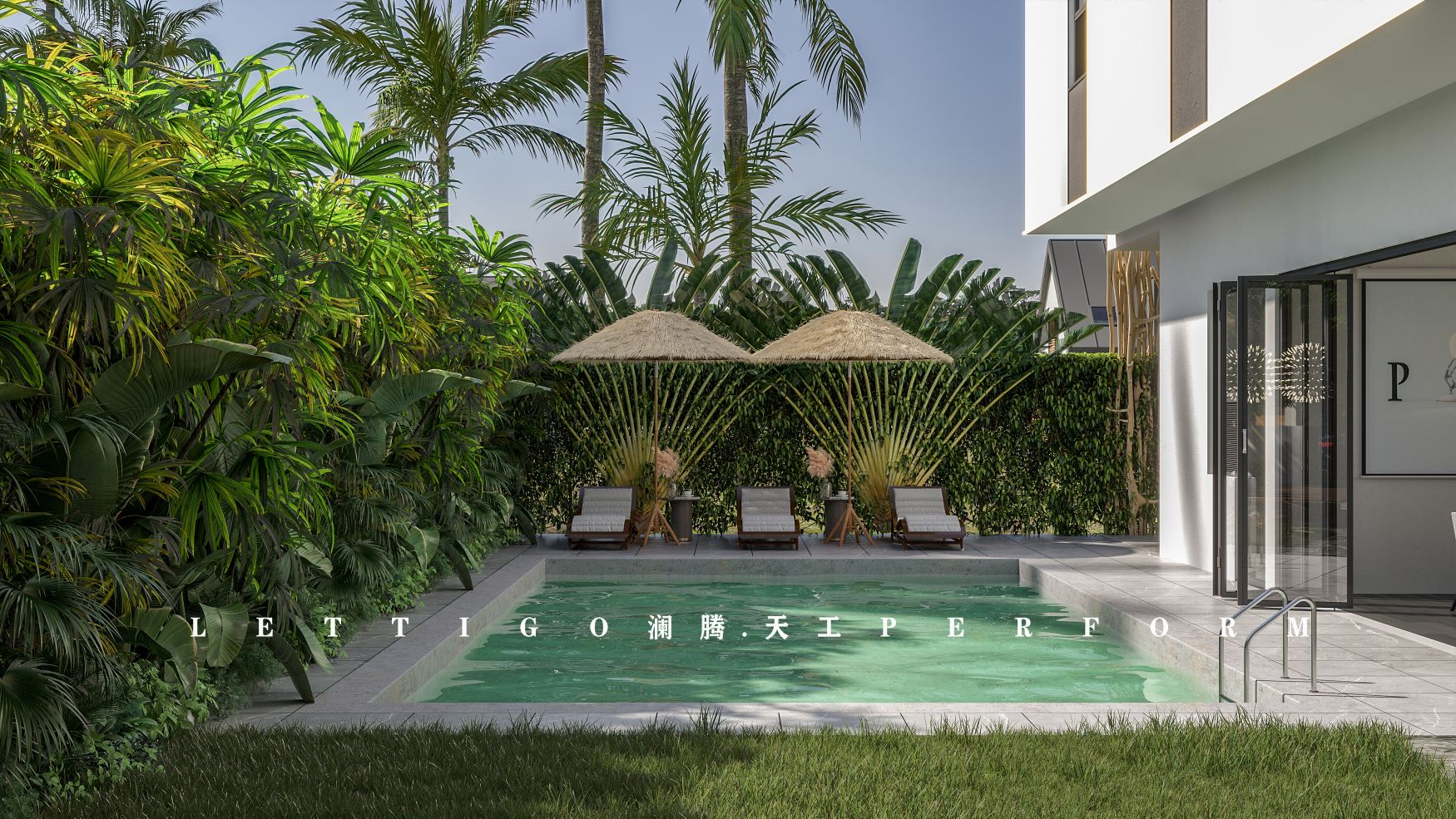 现代泳池别墅外观+庭院花园-8