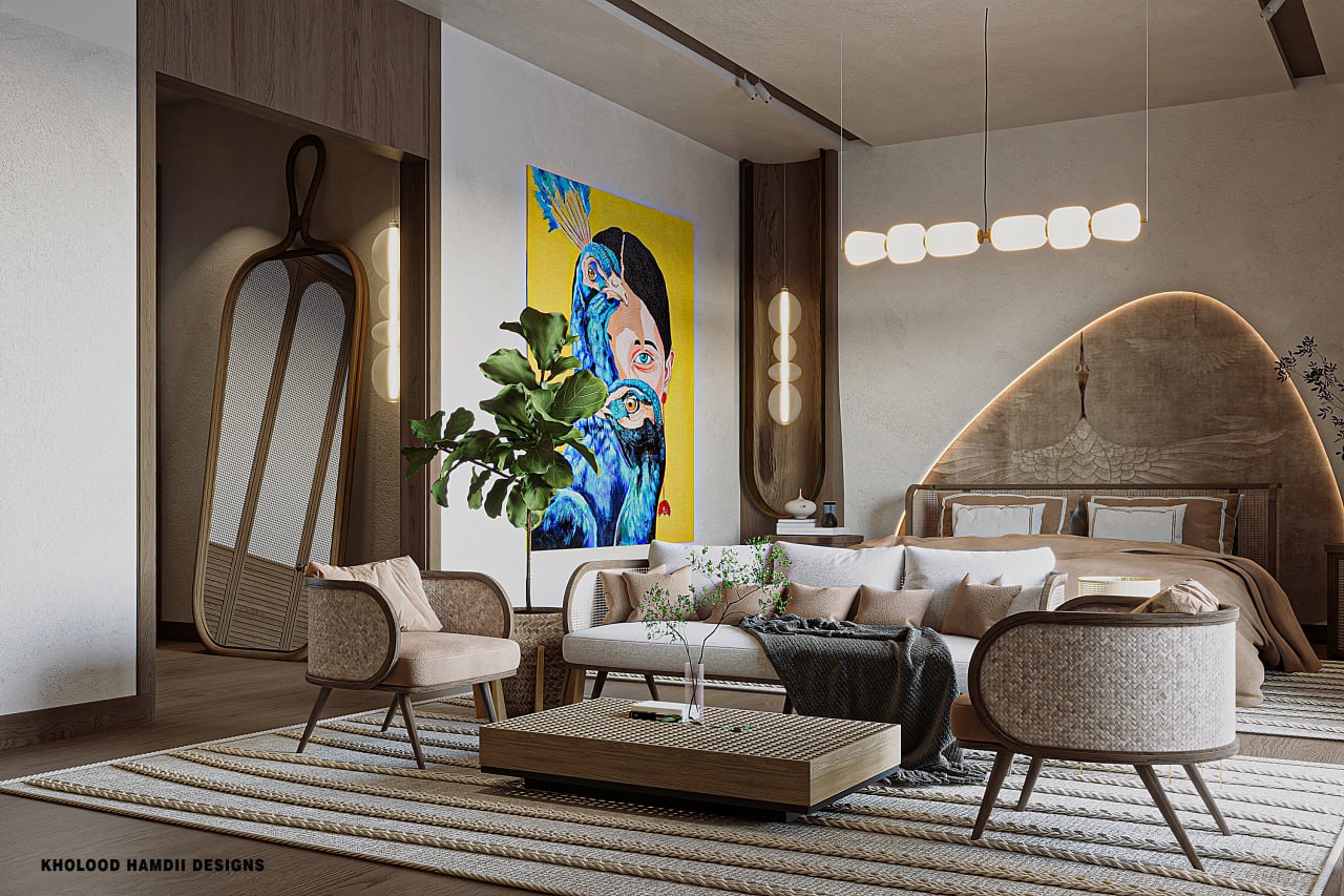 Modern organic bedroom design with Rattan touch-10