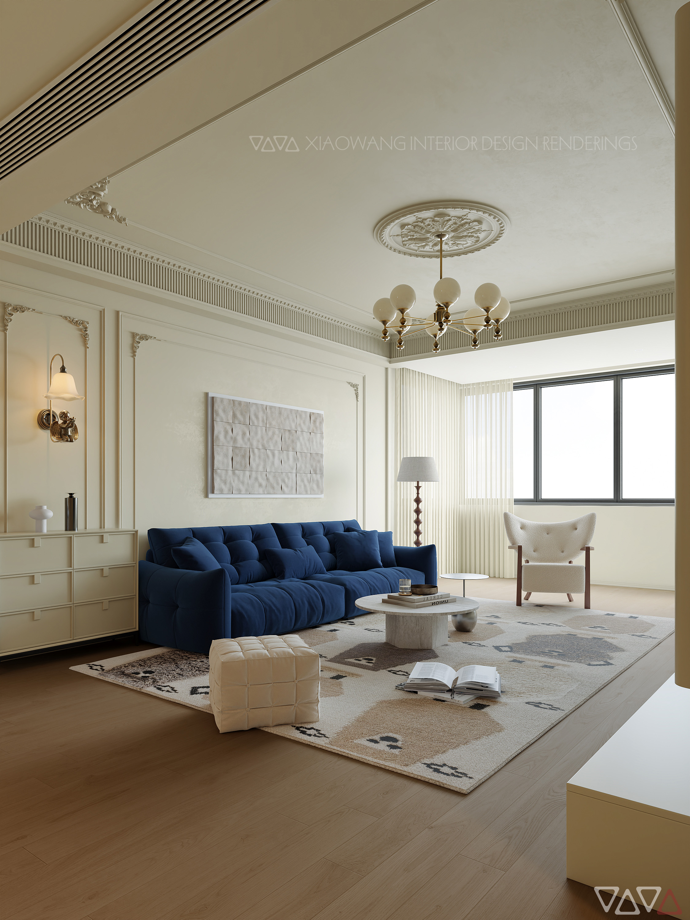 法式奶油风客餐厅效果图-7