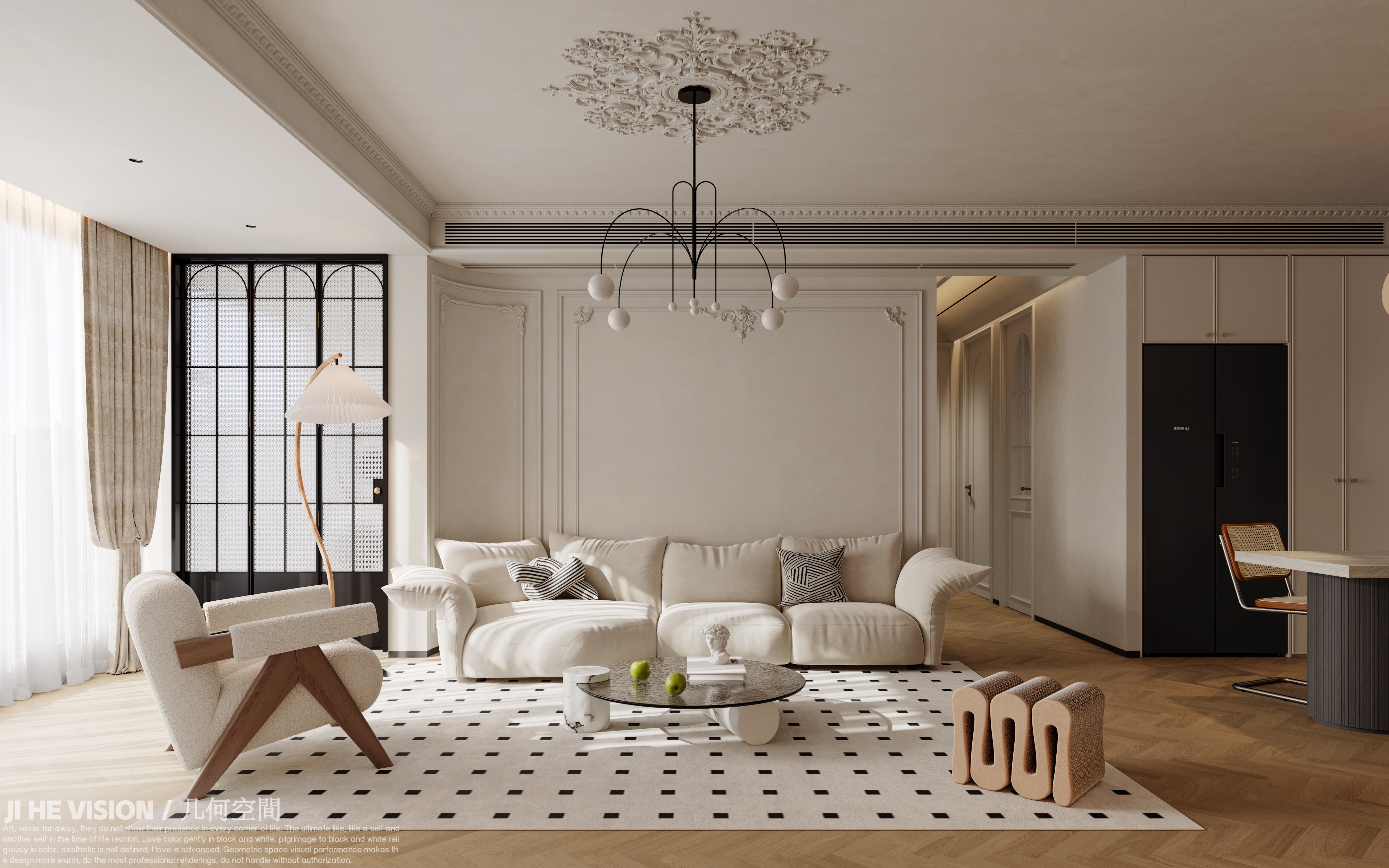 几何空间视觉表现 | 万科朗拾森屿法式奶油风客餐厅-0