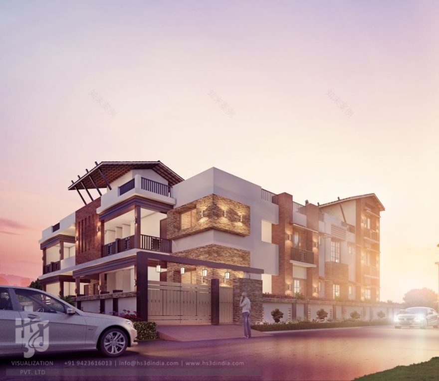 印度 HS3D 可视化平房夜景渲染-10