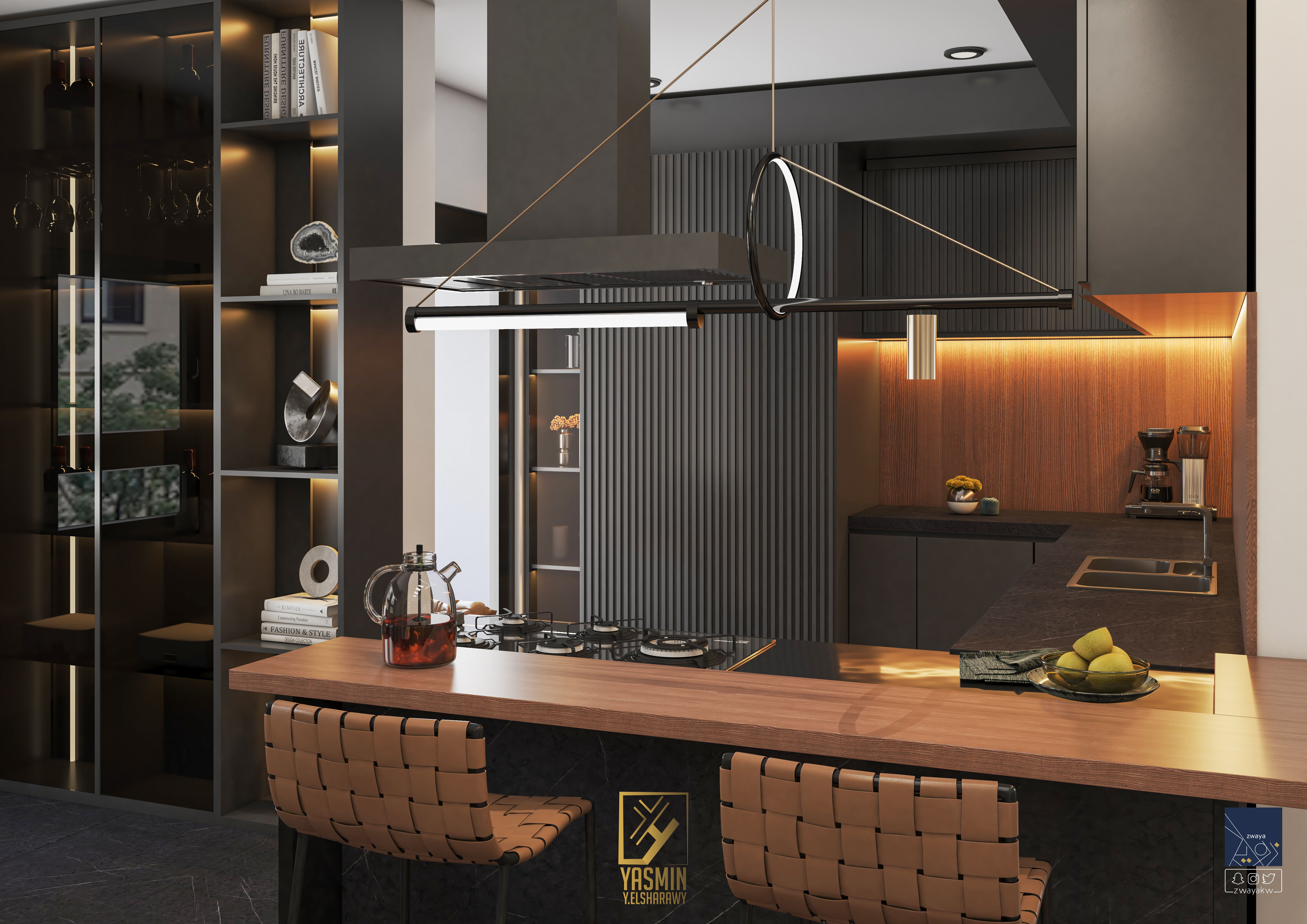 当代客厅与开放式厨房和餐厅设计丨yasminy.elsharawy-14