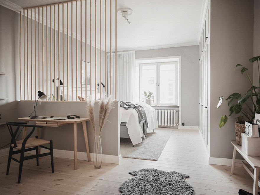 瑞典灰色调公寓,厨房卧室分区设计-21
