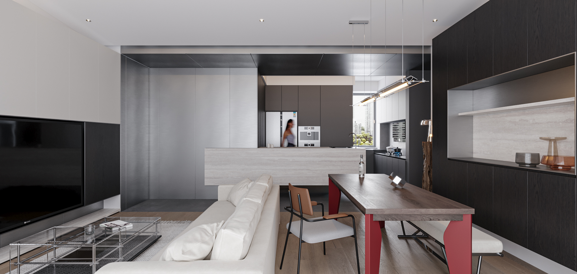 现代风格大横厅客餐厅效果图案例丨冈舍效果图表现-8