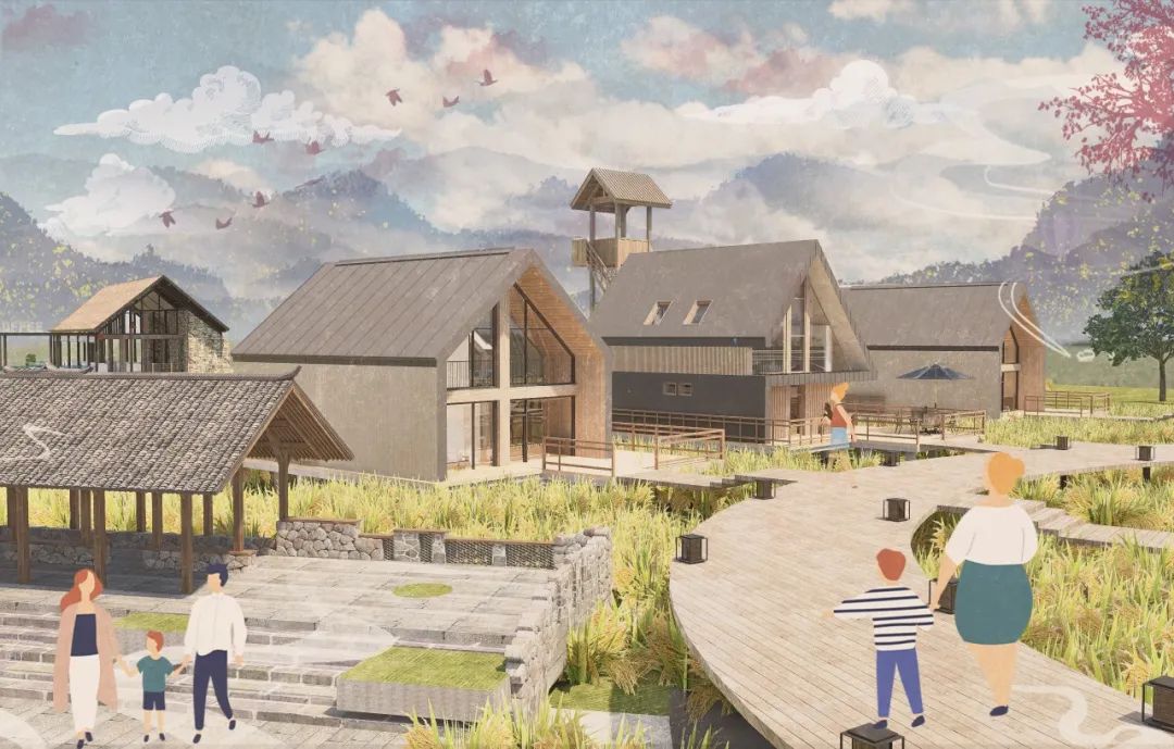 大四学妹的本科毕设将民宿建筑融入稻田之中！“可再生能源技术+组团式布局”栈道式串联功能区！自然环境与民俗文化相辅相成的民宿设计-90