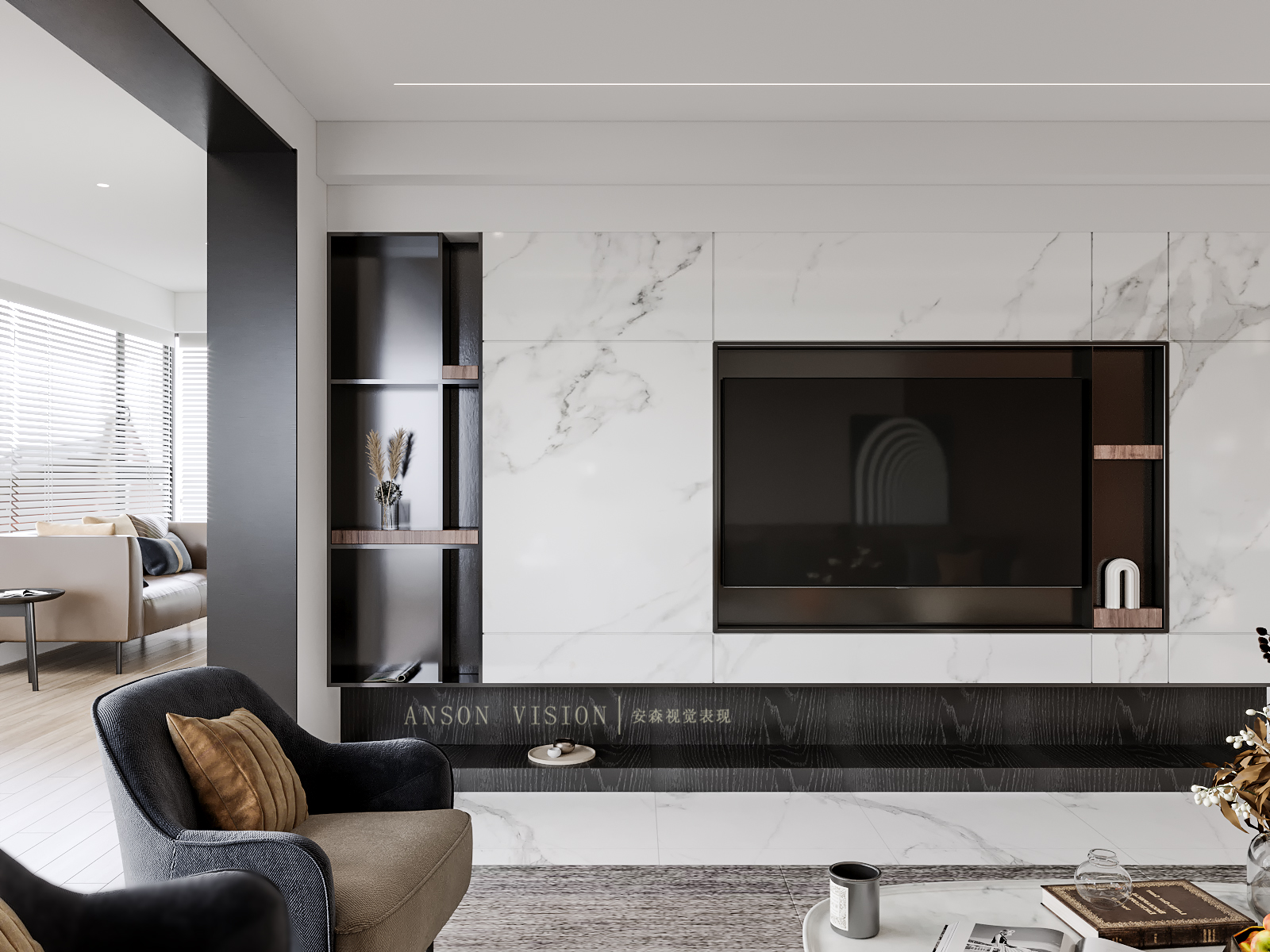 高级黑白灰家居设计，温馨木饰面营造氛围-6