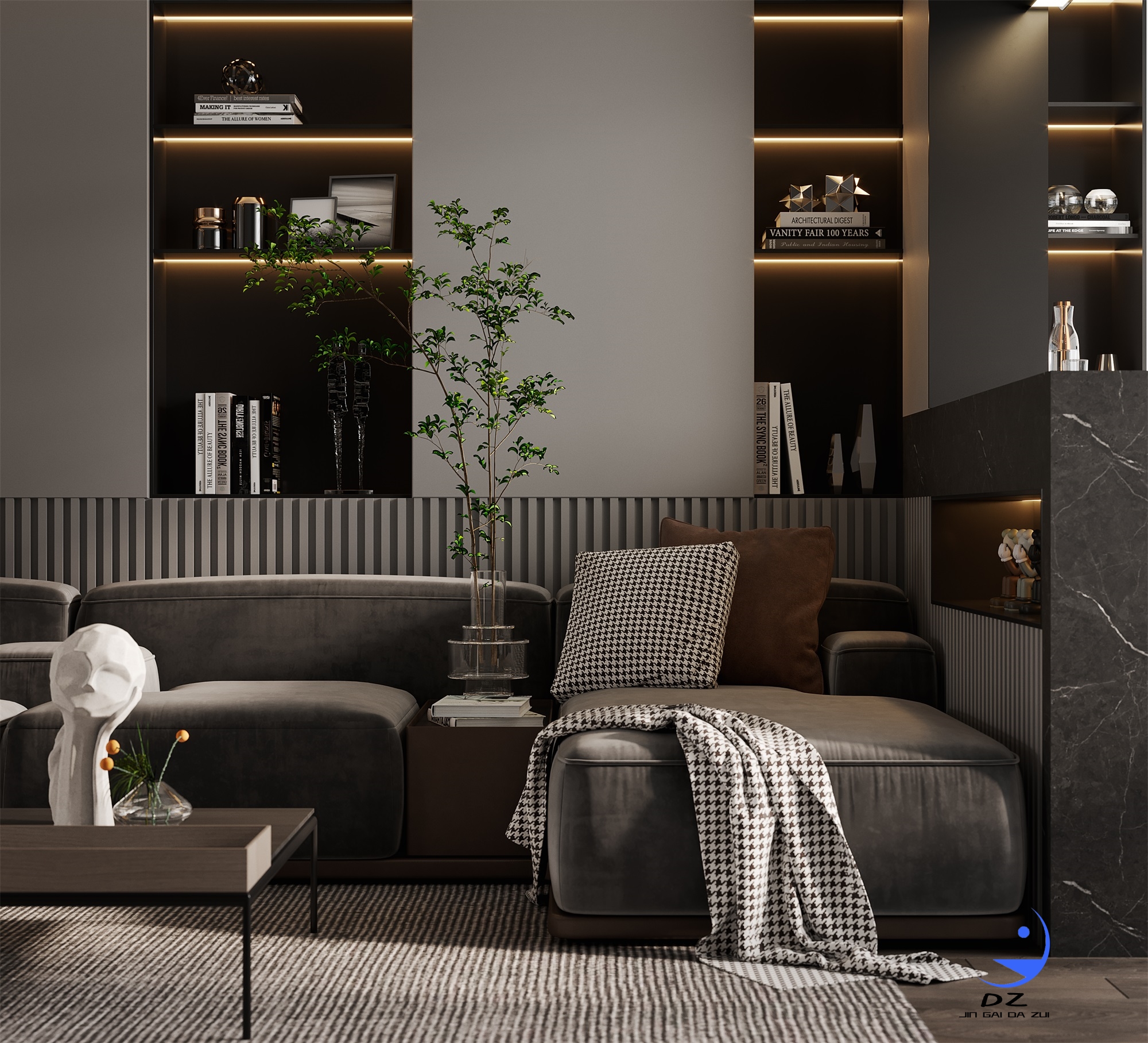 现代黑白系客餐厅卧室过道效果图-4