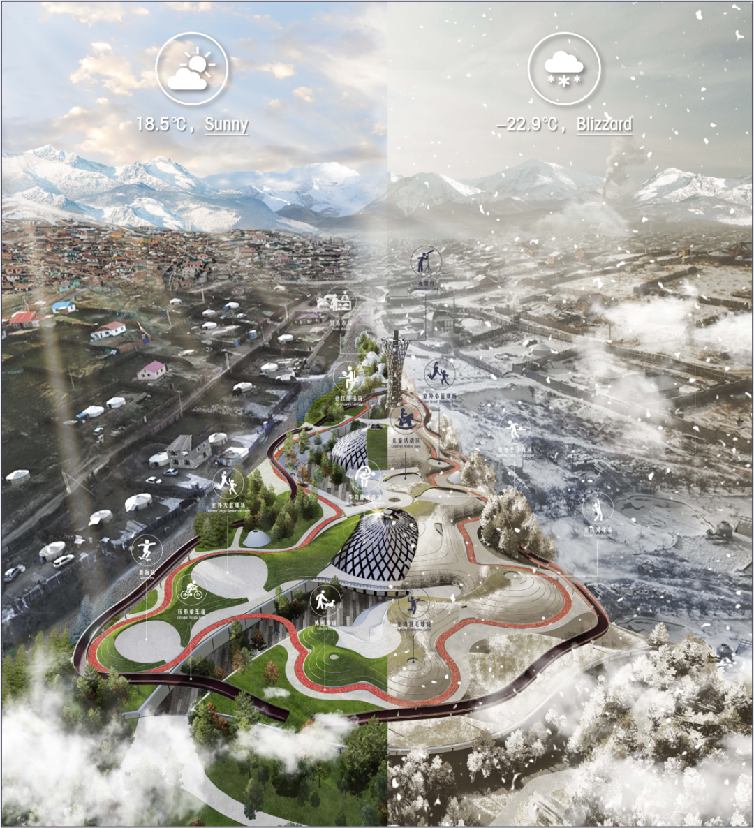 好抽象的展板形式!帅气学弟的优秀项目用“触媒理论+参数化建模”将传统蒙古包形态抽象转化!实现多功能现代化的城市综合体!-209