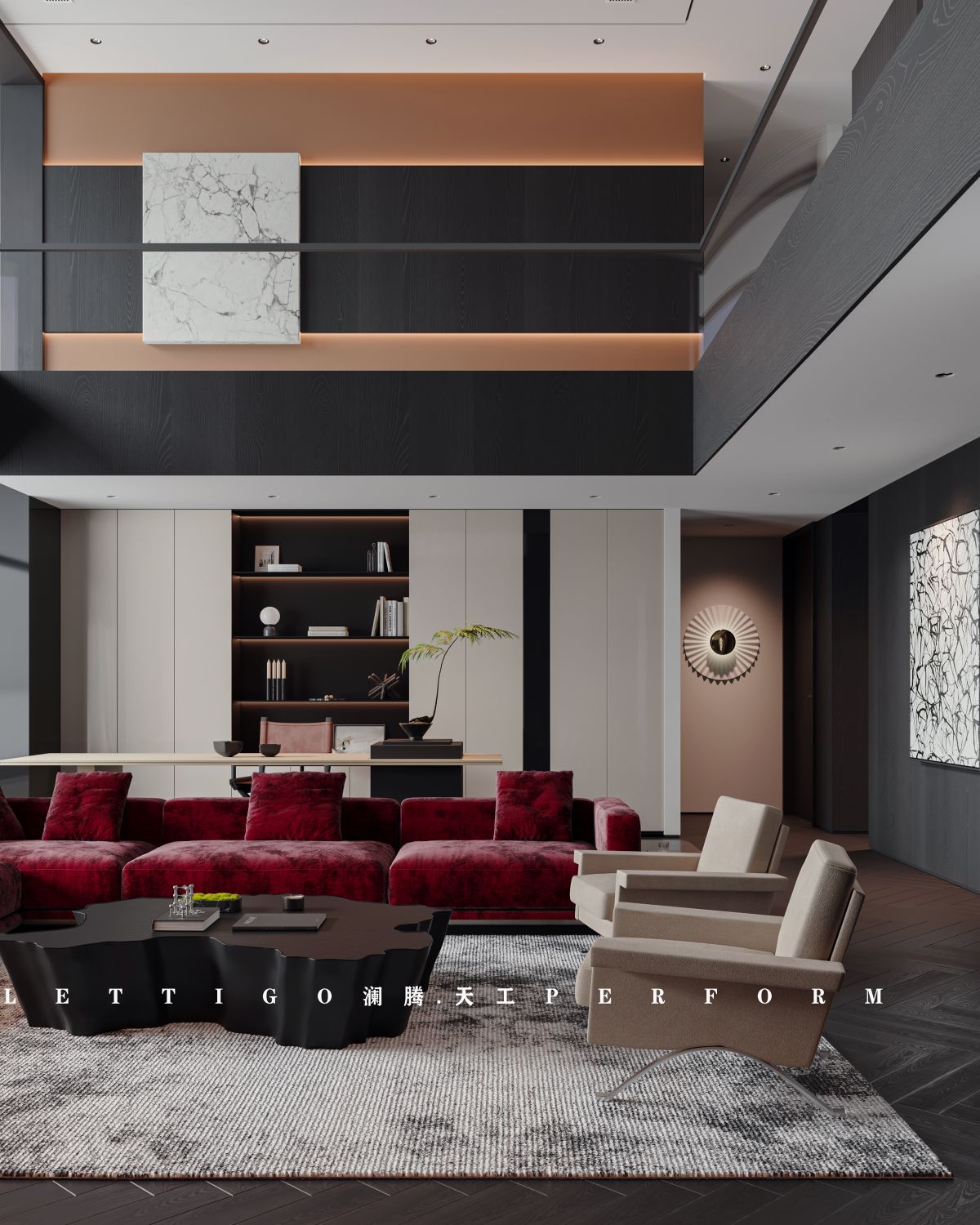 ​现代挑空别墅客餐厅，当高级黑爱上暗红系-4