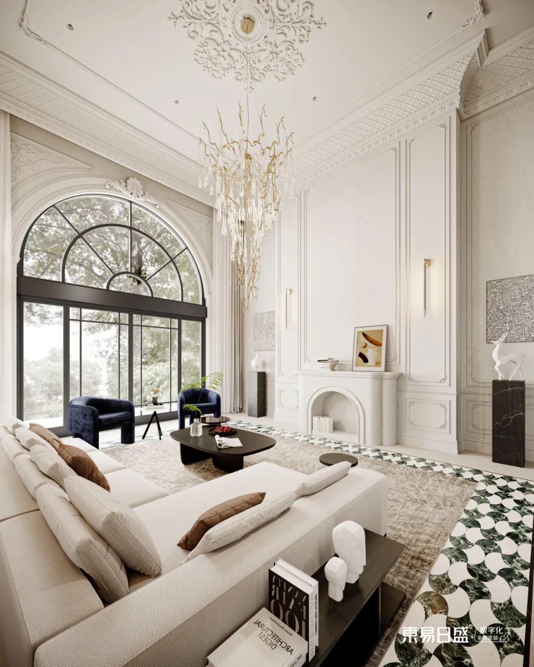 杭州装修|1000m²现代法式风别墅，挑空客厅简直美出天际-20