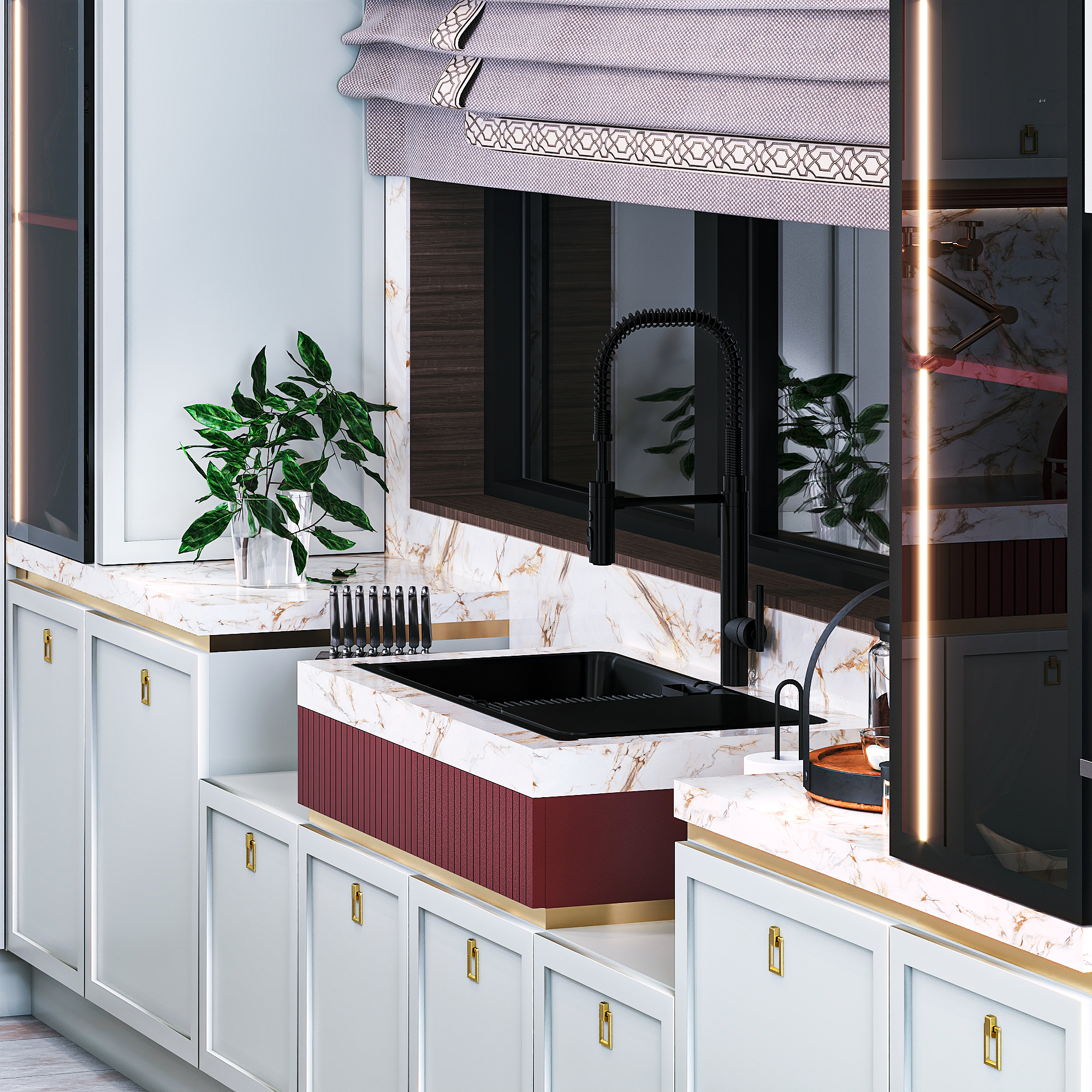 “Red & Grey Neoclassic Kitchen Design”-5