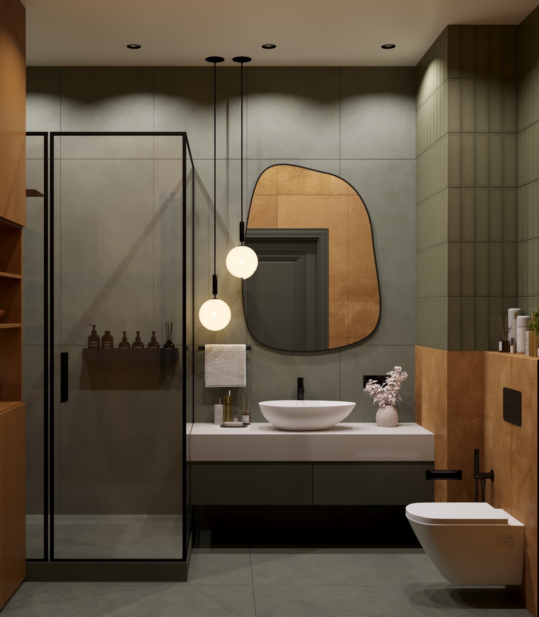 Green ang orange aesthetic bathroom design-1