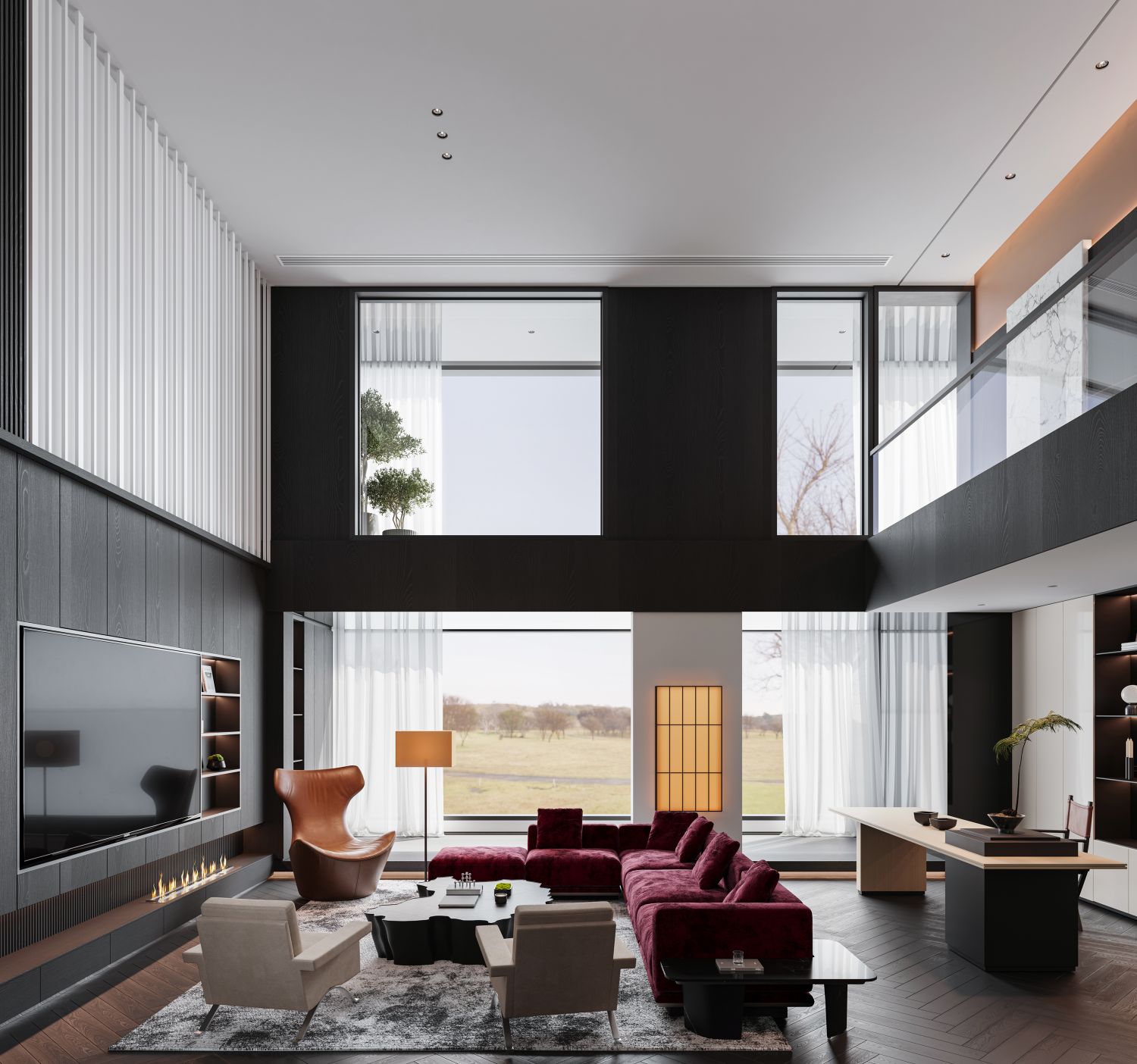 ​现代挑空别墅客餐厅，当高级黑爱上暗红系-3