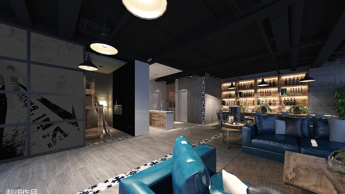 复古工业风 SOHO 设计,老船木酒柜与蓝白花砖碰撞火花-10