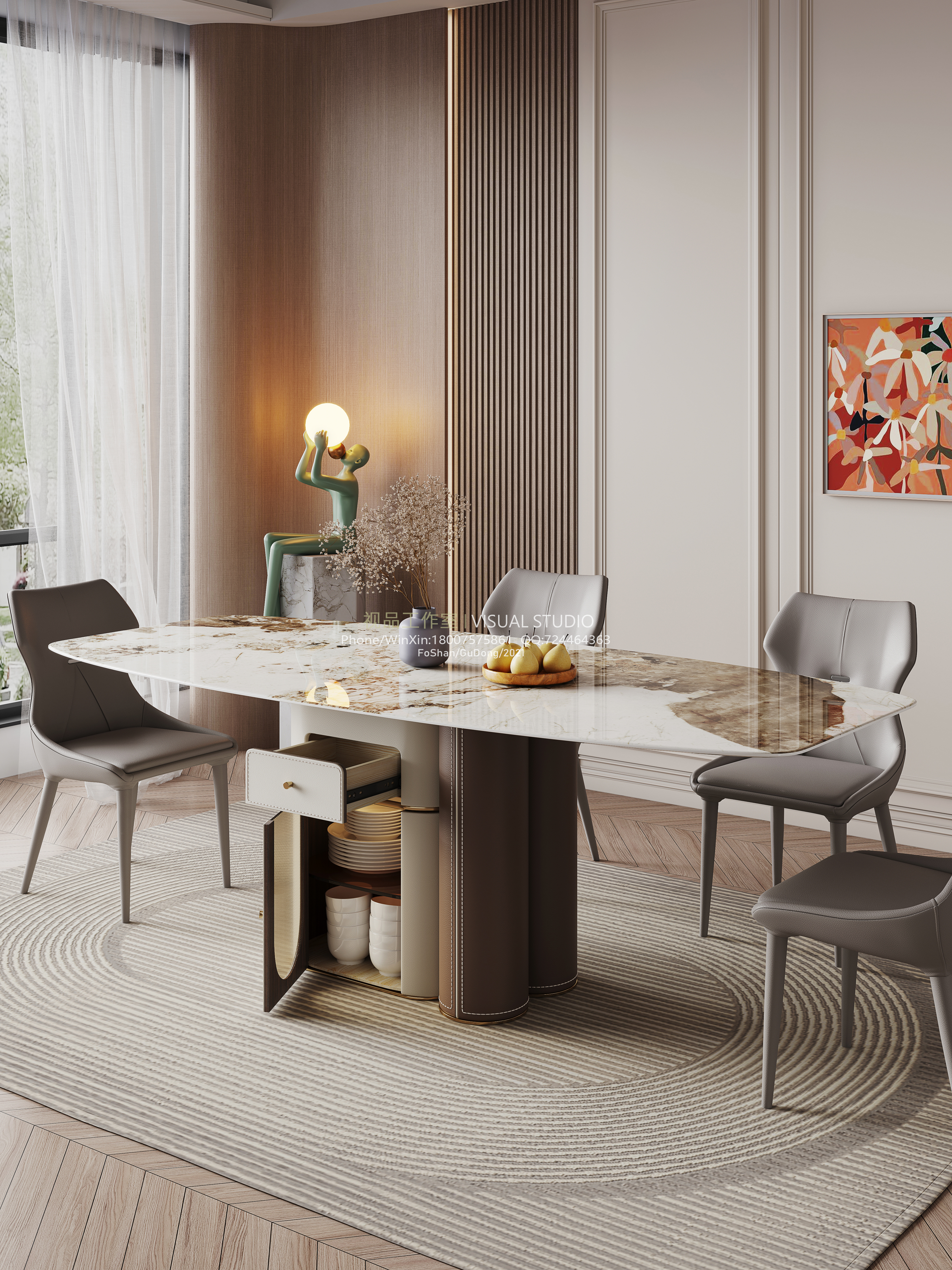 小奶油风梳妆台和餐桌系列一套效果图-16