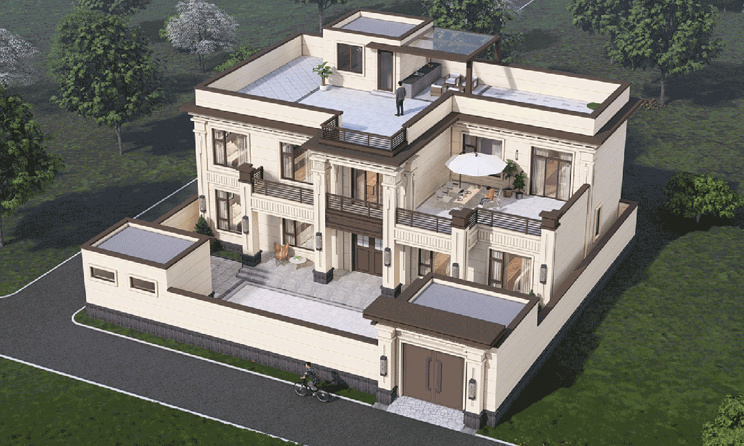 【设计师案例】土建参考造价62万，面宽19.1m×进深10.6m山东临沂二层新中式别墅-1