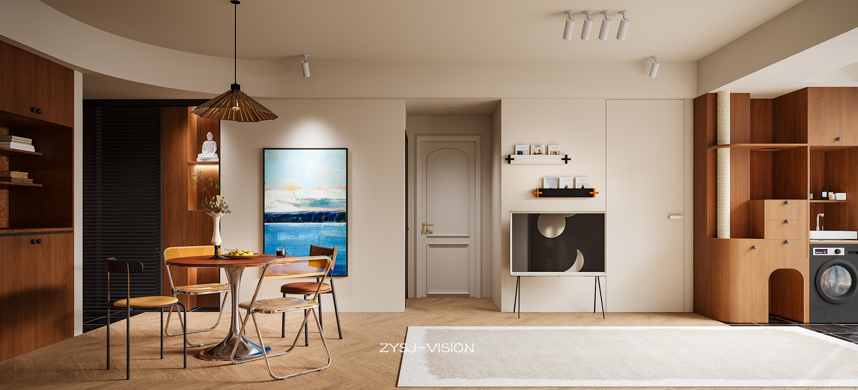 复古与未来的对话 · 一个带猫屋与佛龛的中古风客厅-7