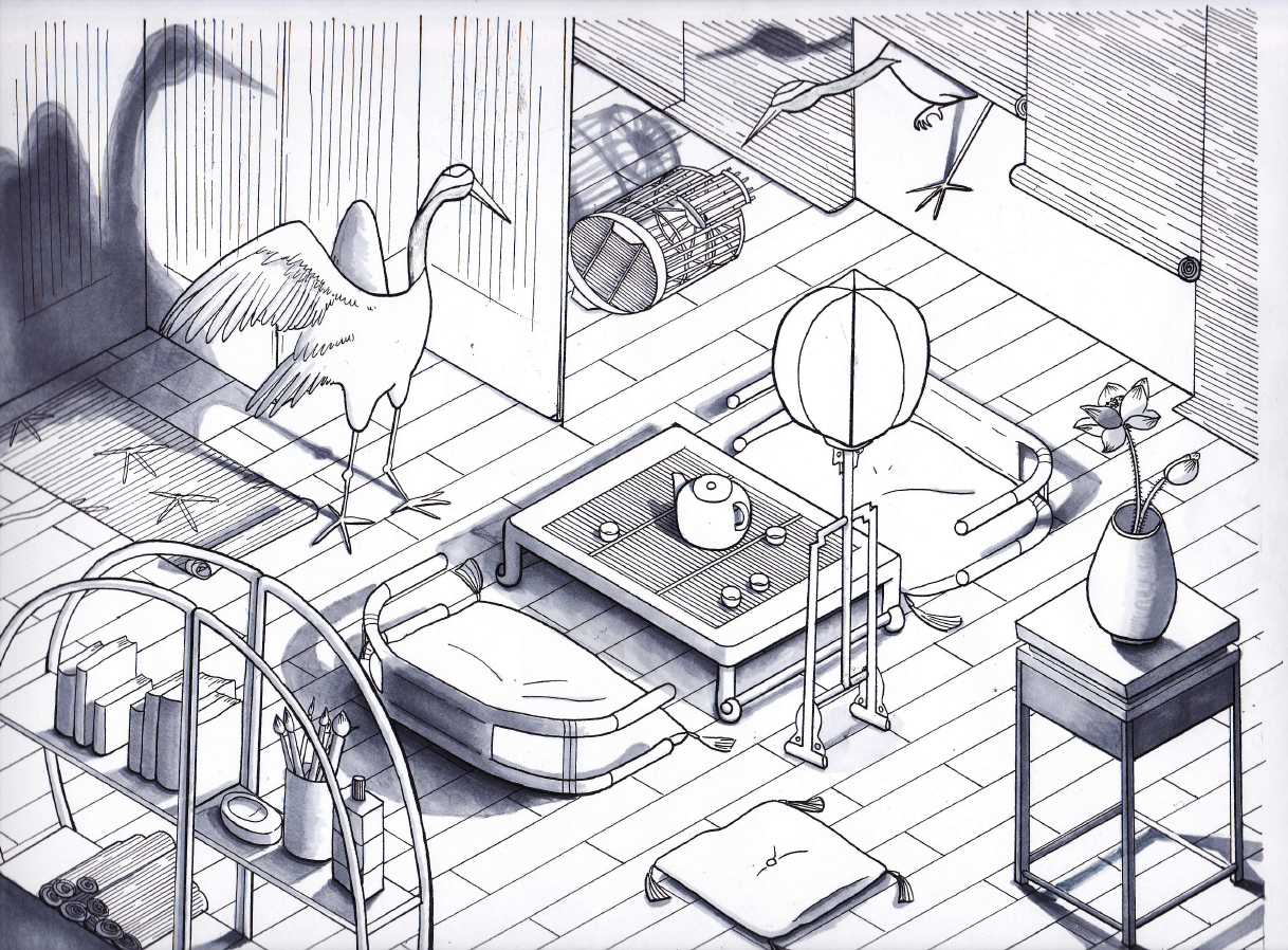 茶社空间设计 | 两点透视与马克笔的完美结合-1