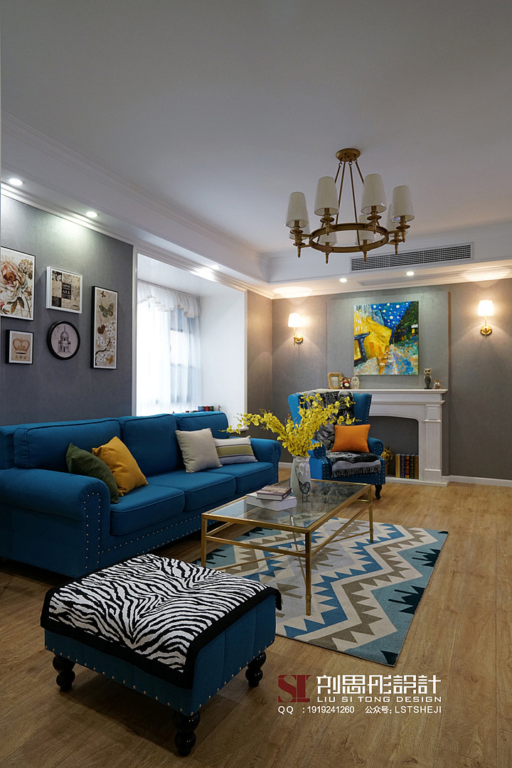 幸福时代 98 平美式混搭风，蓝色沙发点亮空间-23