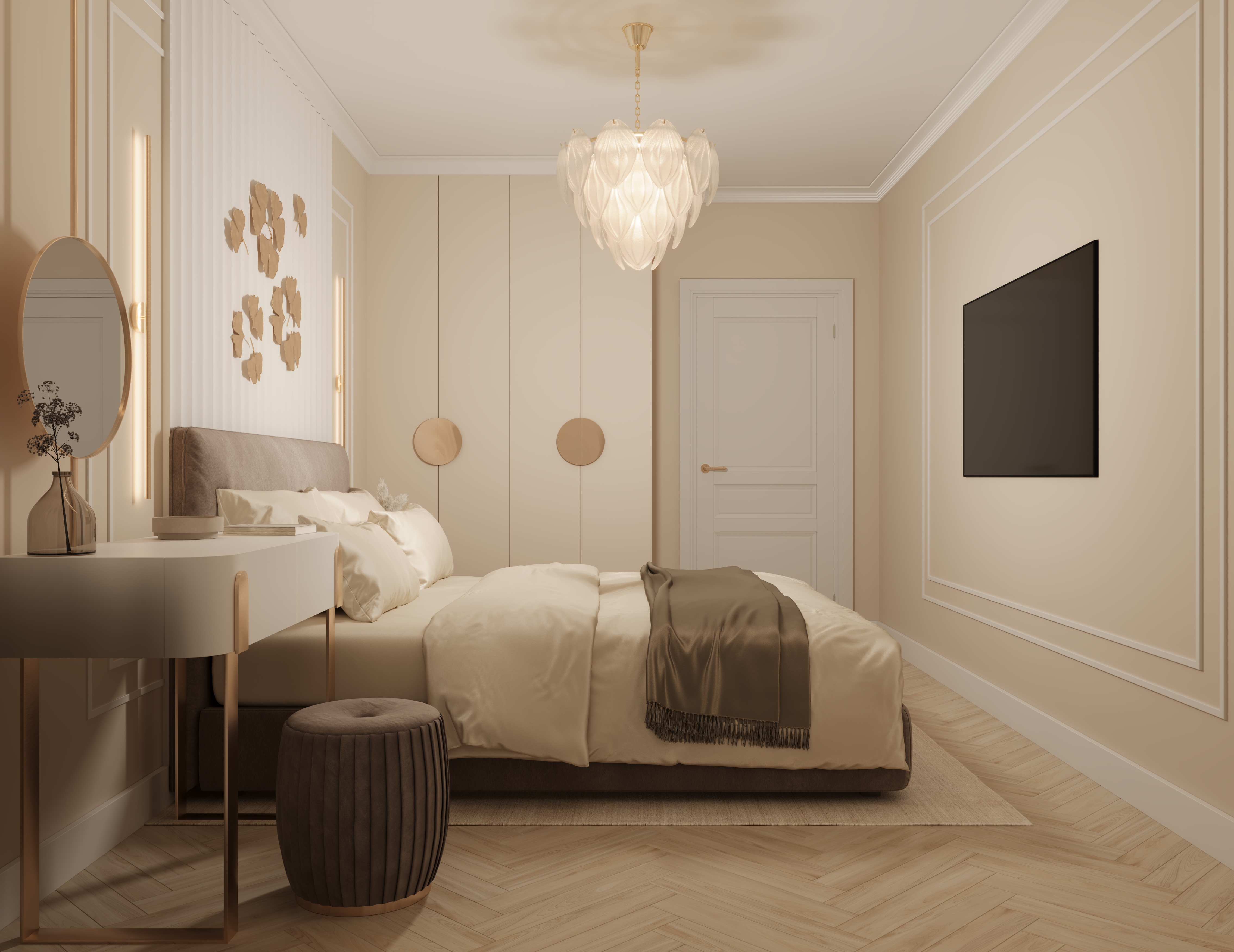 Beige color bedroom with metal decor 3D visualisation-5