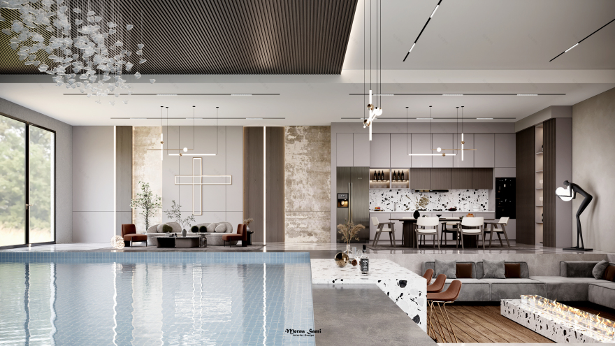 现代室内泳池,开放式厨房和客厅室内设计-8
