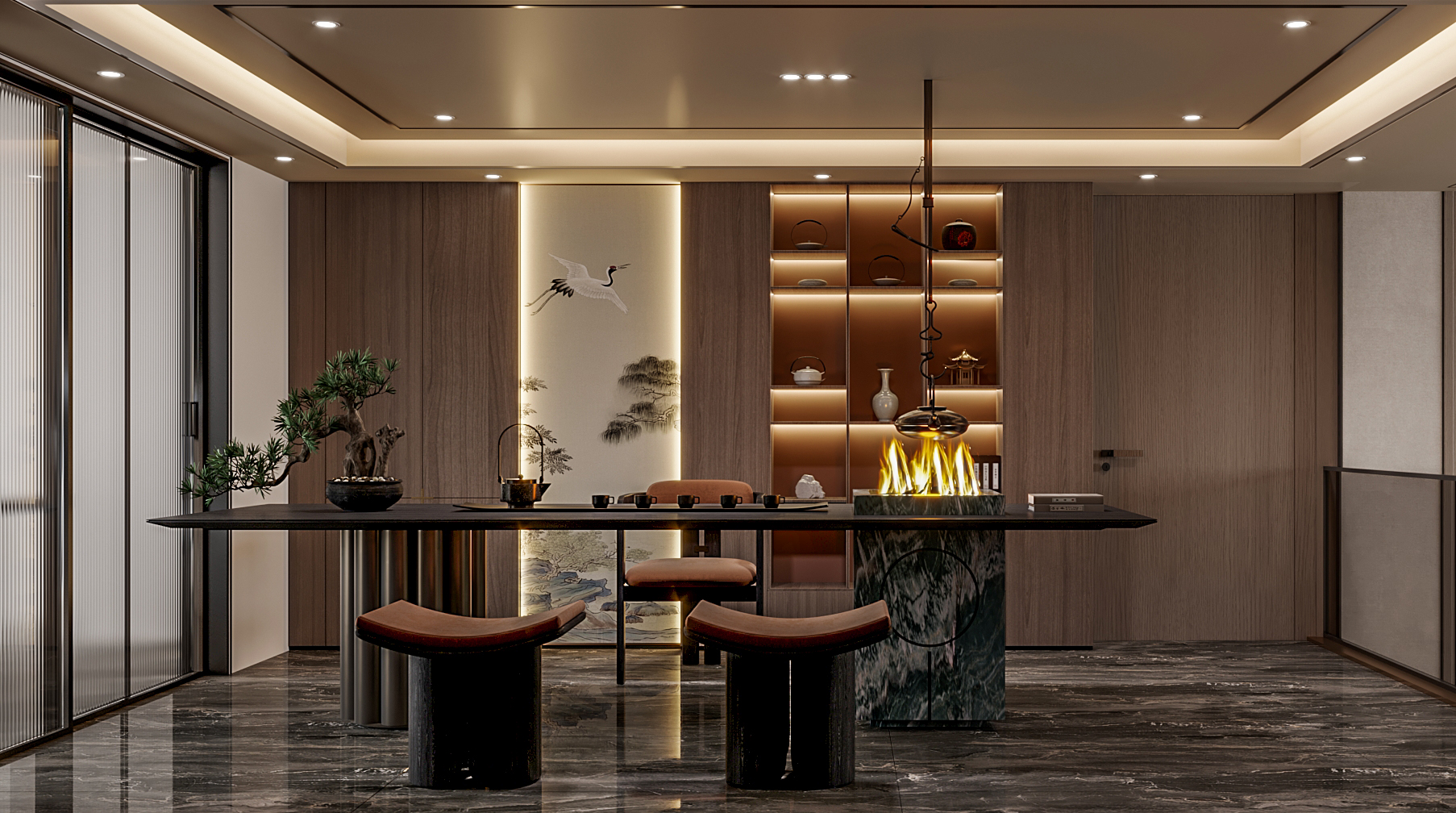 新中式挑空别墅客餐厅效果图表现-0