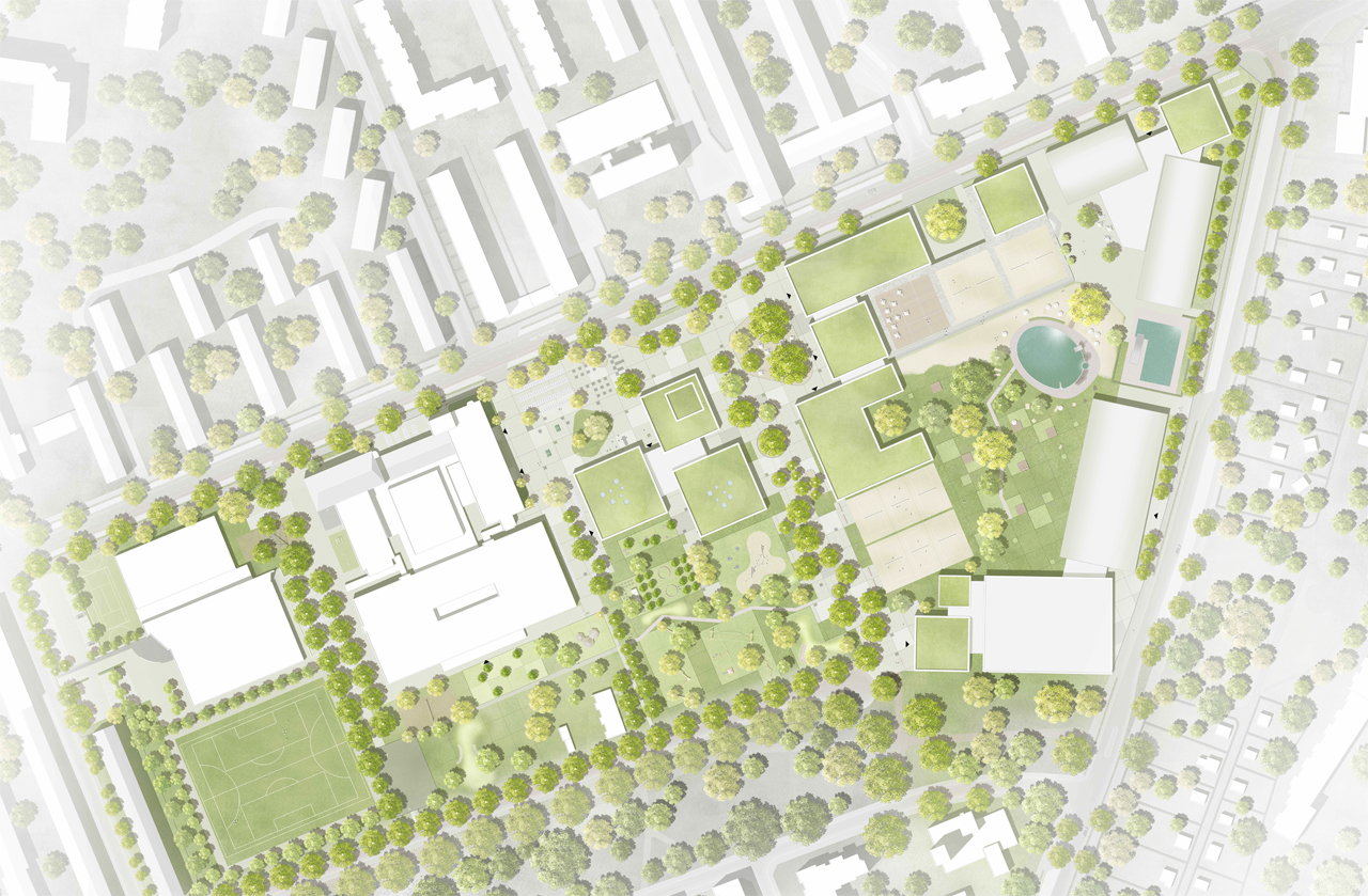 Wettbewerbsverfahren städtebauliche Studie Olympiastützpunkt/Schule Alter Teichweg in Hamburg Dulsberg : Andreas Heller Architects & Designers-20