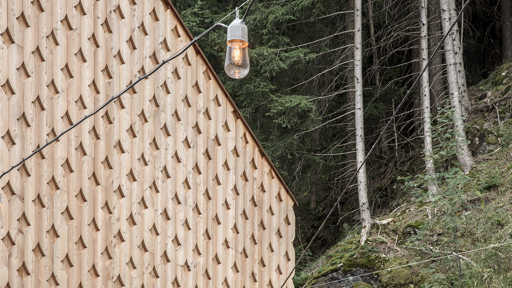 Pedevilla Architects lines cookery school with perforated timber panels-0