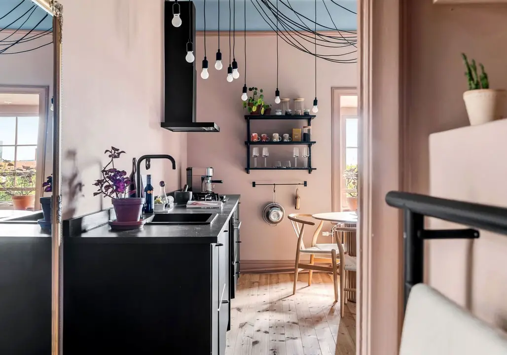 瑞典 58m2 屋顶公寓 | 黑色魅力与粉色过去的完美融合-8