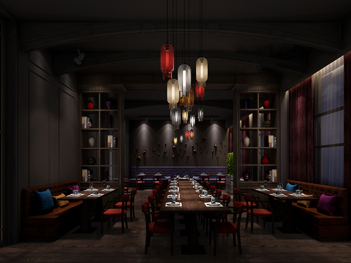 餐厅设计效果图中餐厅餐厅包间包房小吃店面馆工业主题餐厅-5