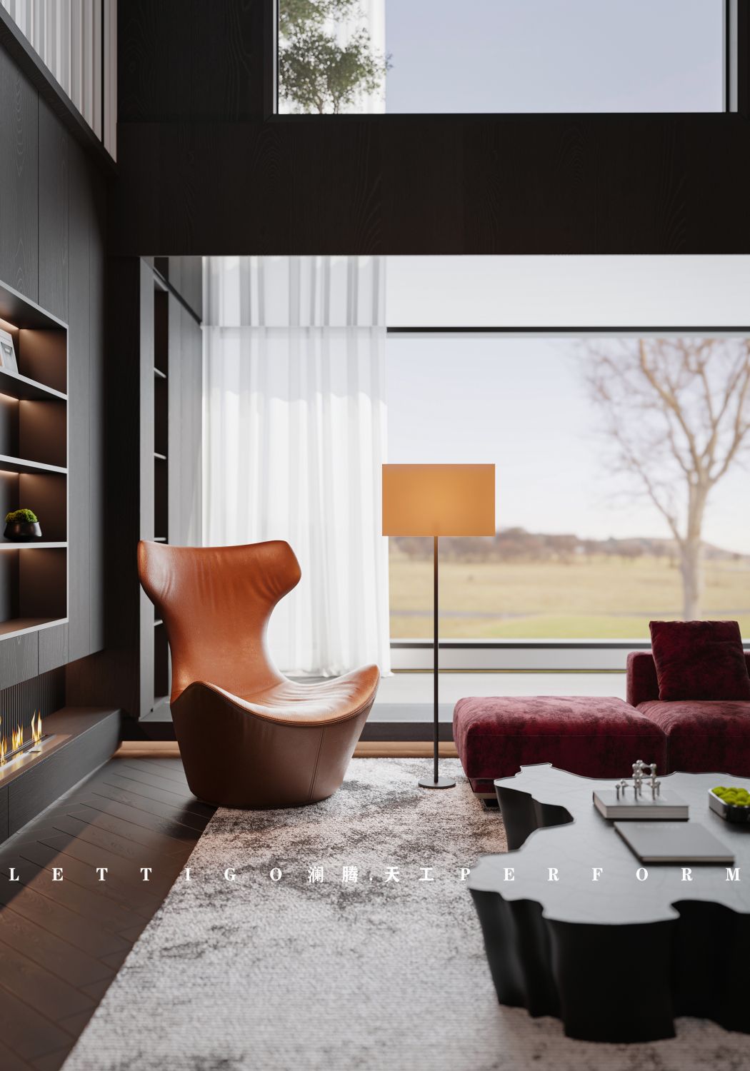 ​现代挑空别墅客餐厅，当高级黑爱上暗红系-9