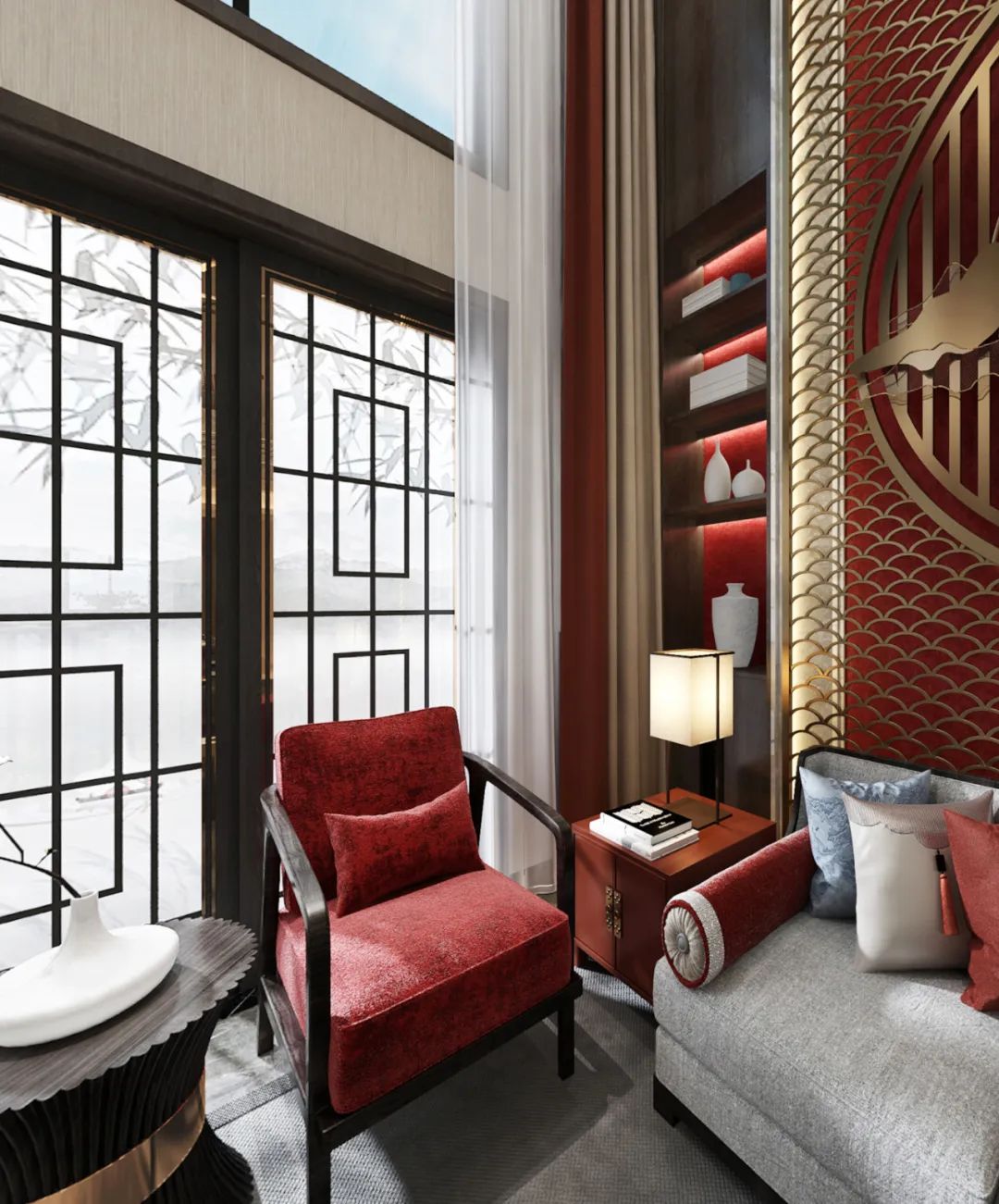 新中式家居空间,红墙碧水演绎亦古宜今的美学魅力-43