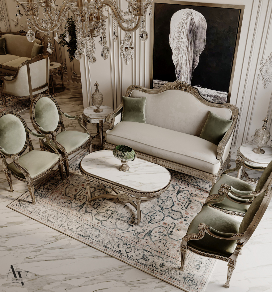 经典家庭接待处;经典家庭接待区(这里需结合具体语境判断更合适的表述,若用于酒店场景,经典家庭接待处较合适;若用于家居空间描述,经典家庭接待区更恰当,但按要求只能提供此两个较常见的可能,实际应用需结合具体情况) 丨archivision staudio(设计师Dina Farouk)-13