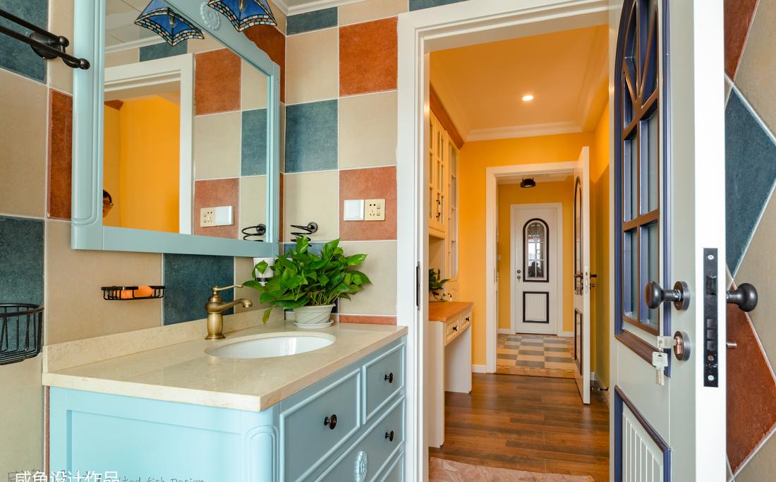 蓝色客厅文化石装饰，儿童房粉红榻榻米-20