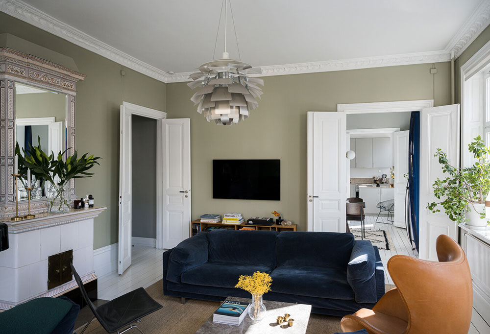 斯德哥尔摩橄榄绿公寓,冲浪板成独特装饰-8