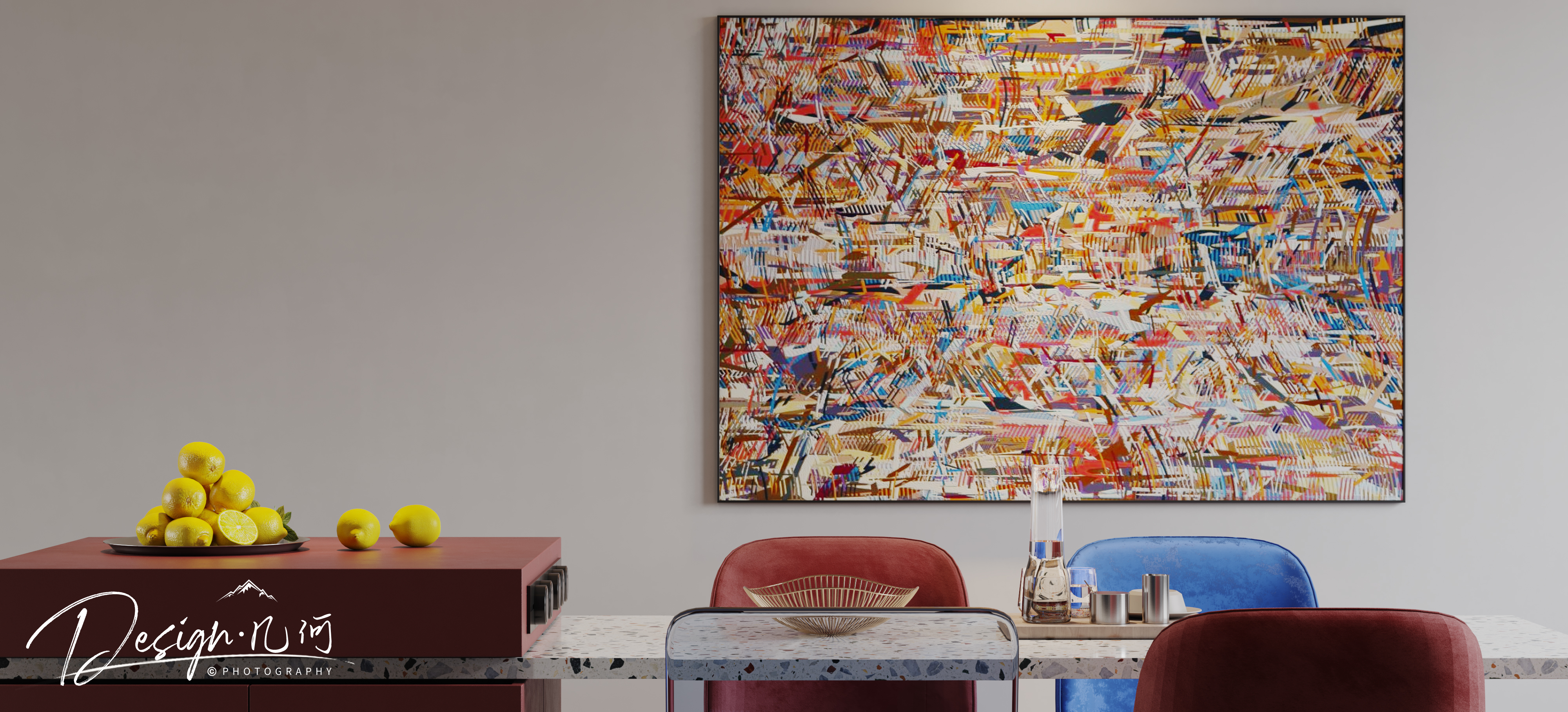 几何空间视觉表现 | 国悦府现代蒙德里安色系客餐厅-12