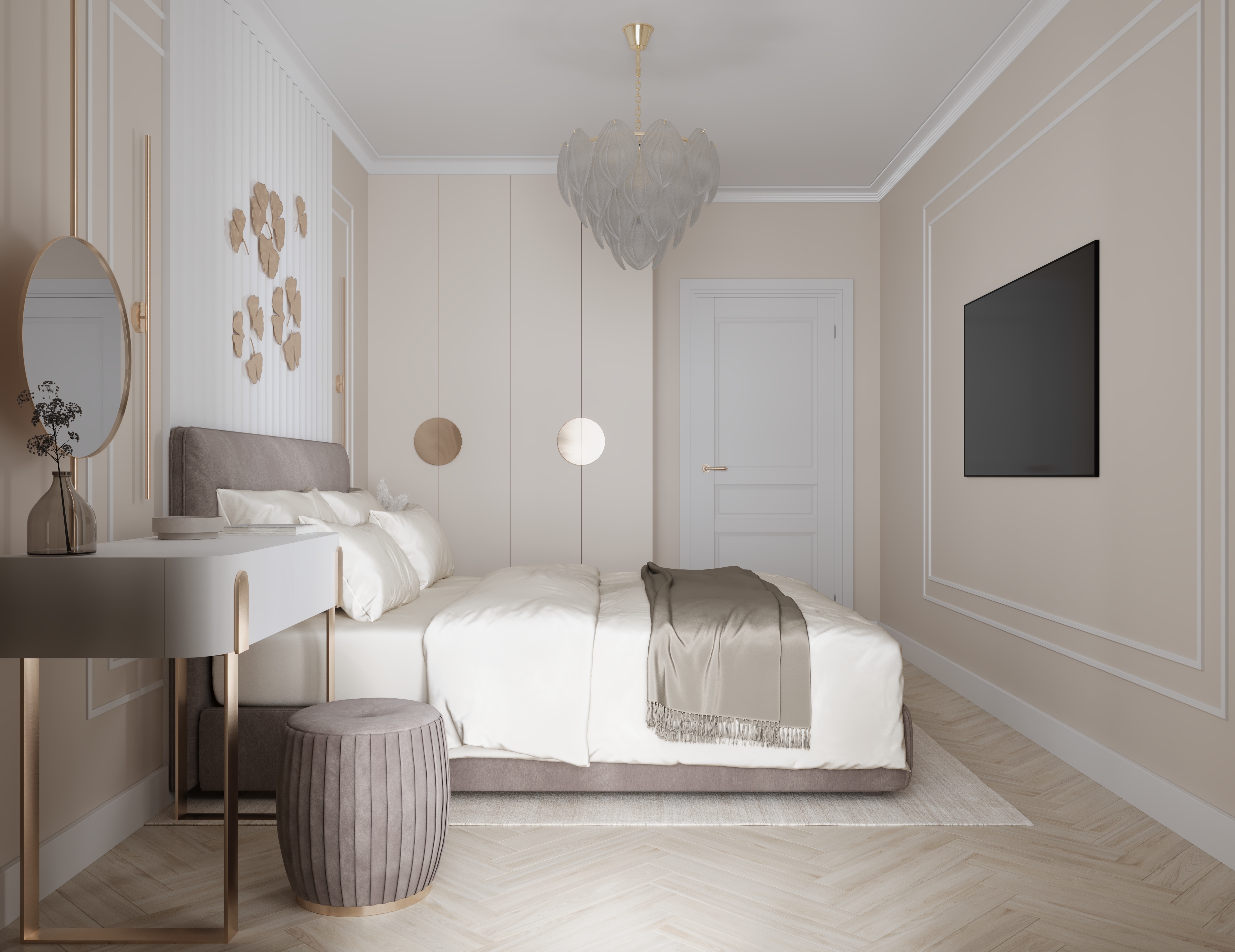 Beige color bedroom with metal decor 3D visualisation-4