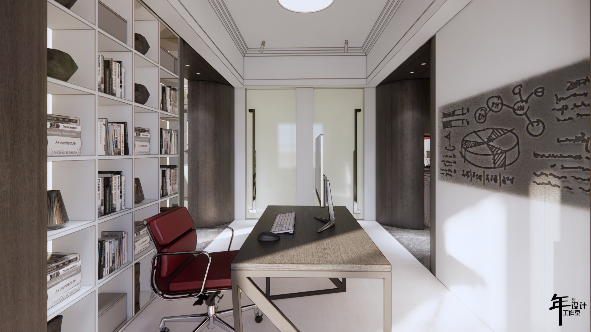 灰色中性网格的现代之家 | 实木、铬、红色点亮空间-12