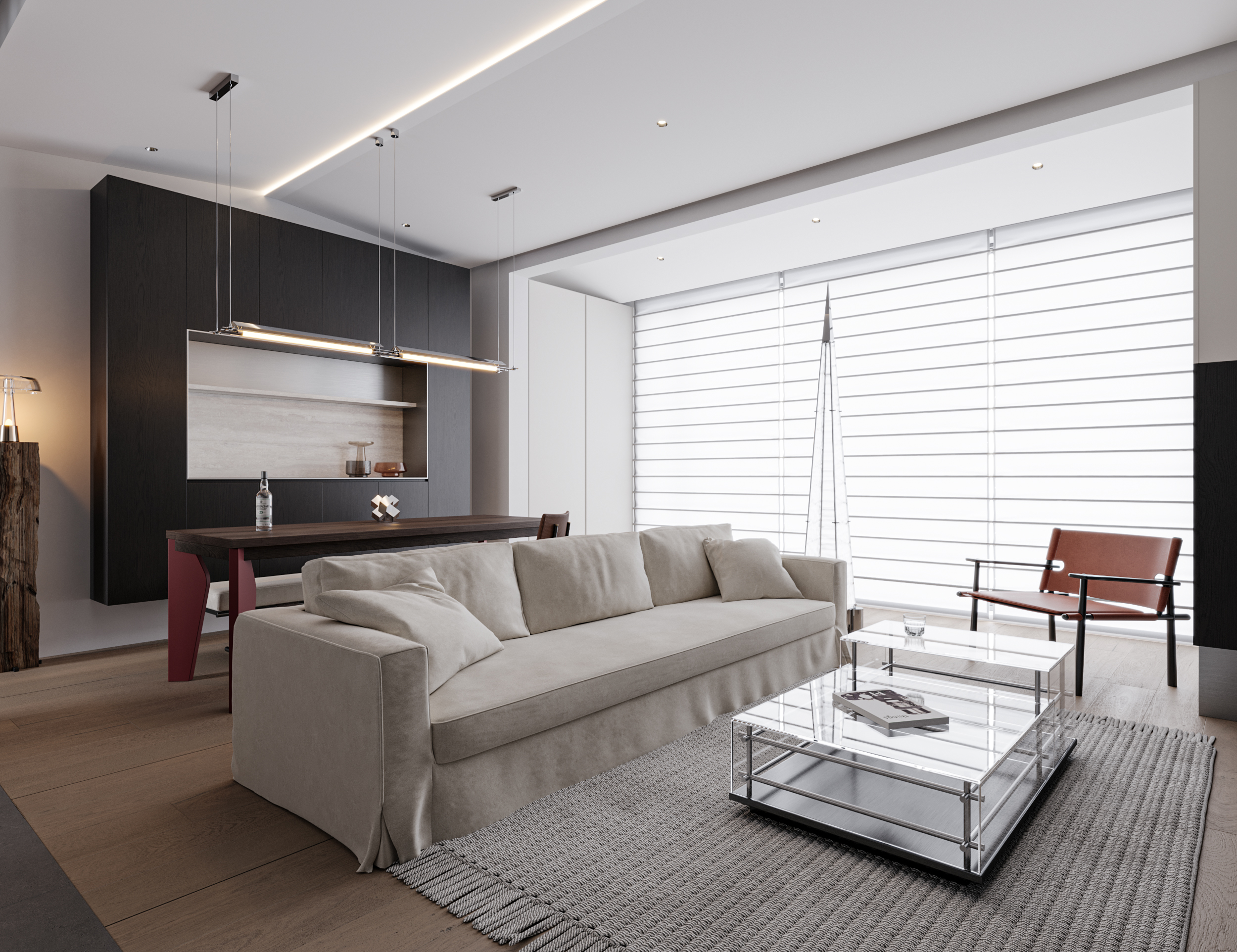 现代风格大横厅客餐厅效果图案例丨冈舍效果图表现-5