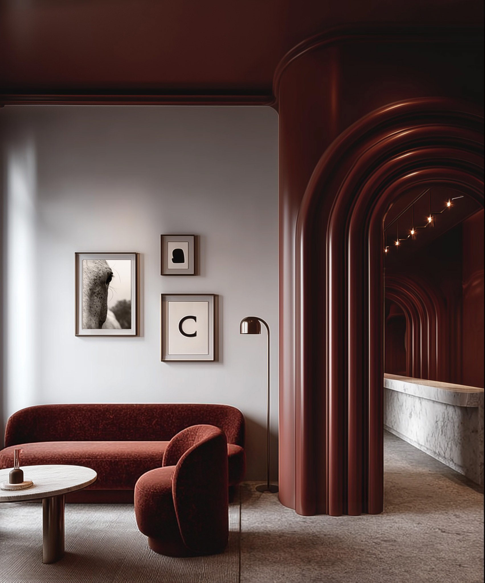 用红色弯曲（绘制、勾勒等，需结合具体语境确定curved准确含义）

注：由于不清楚curved在具体语境中的准确动作，这里给出一个宽泛解释若有更详细语境，可提供以得到更精确翻译  -11