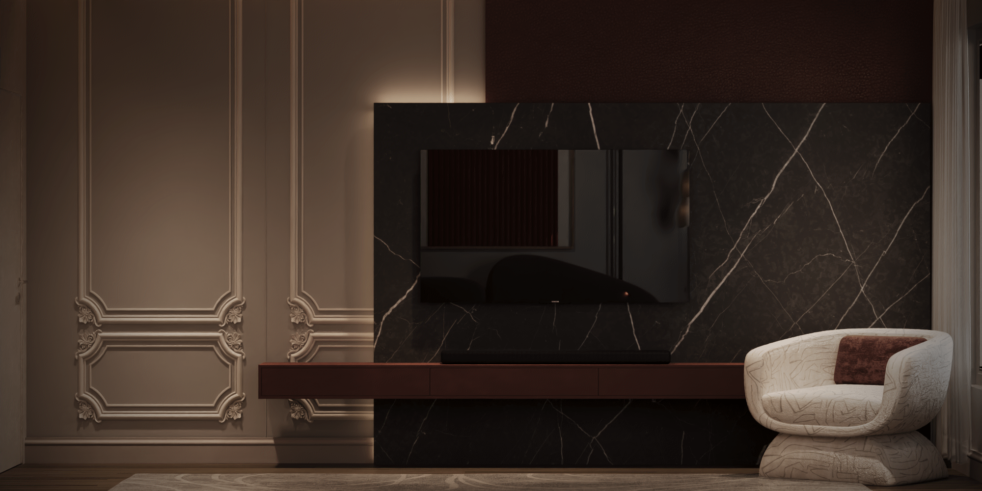 Neo Classic Bedroom | White & Burgundy Elegance-12