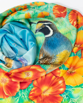 手绘加利福尼亚鹌鹑与罂粟花丝绸围巾